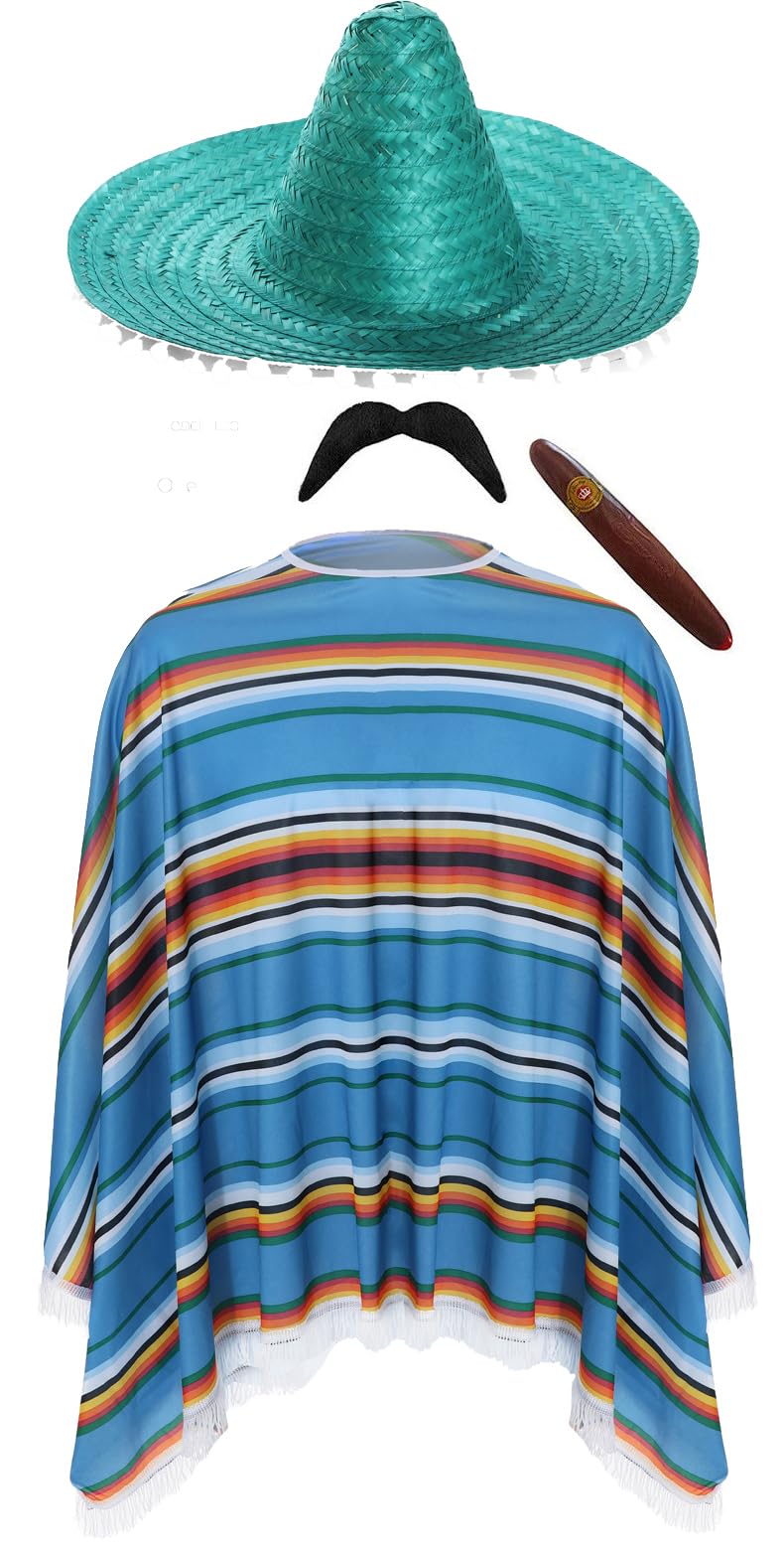 Mexican Man Costume - Blue, Green & Orange Poncho, Green Straw Sombrero, Mexican Tash, Fake Cigar - Adults Western Bandit Wild West Cinco de Mayo Fancy Dress Costume