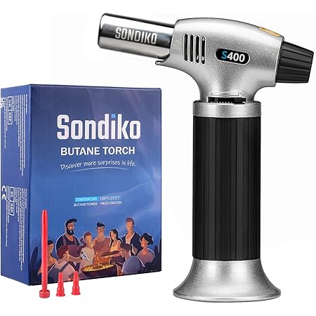 Sondiko Butane Torch S400, Refillable Kitchen Torch Lighter, Fit All Butane Tanks Blow Torch with Safety Lock and Adjustable Flame for Desserts, Creme Brulee, and Baking—Butane Gas Is Not Included