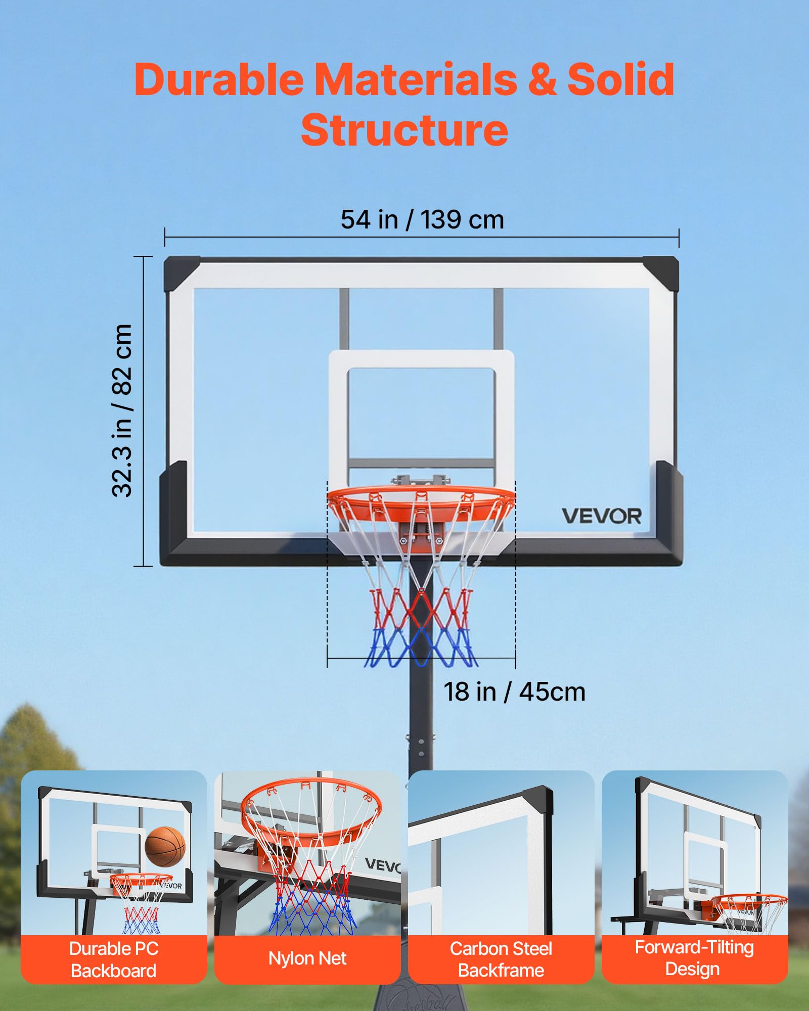 VEVOR Canestro da basket, regolabile in altezza, portatile, canestro da basket all'aperto, tabellone in PC per adolescenti, adulti, campo da basket, scuole, parchi
