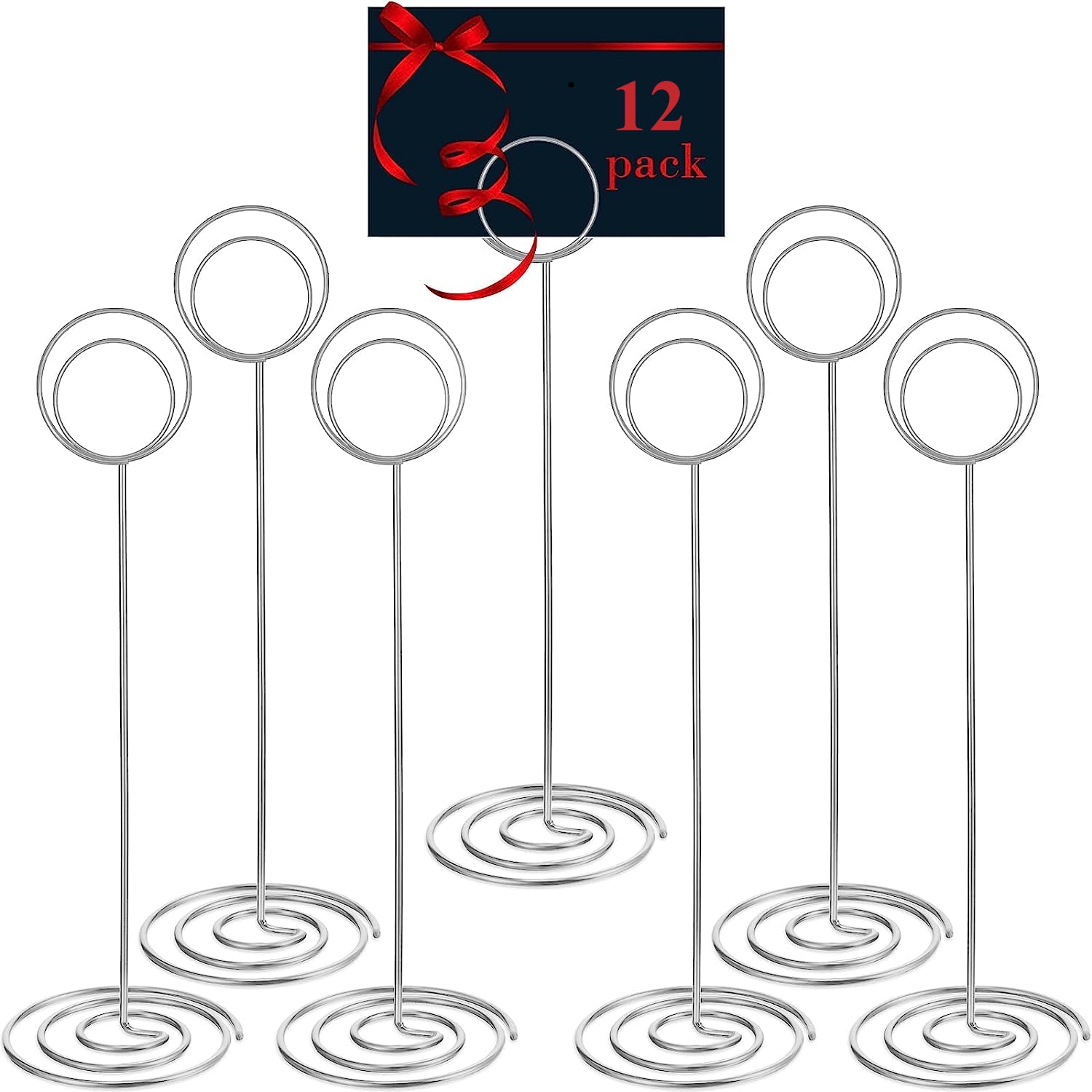 LATERN 12Pcs Table Number Holders, 22CM Silver Tall Place Card Holder Wire Picture Stands for Place Cards Name Memo Menu in Wedding Party Graduation Reception Restaurant Home Office (Silver)