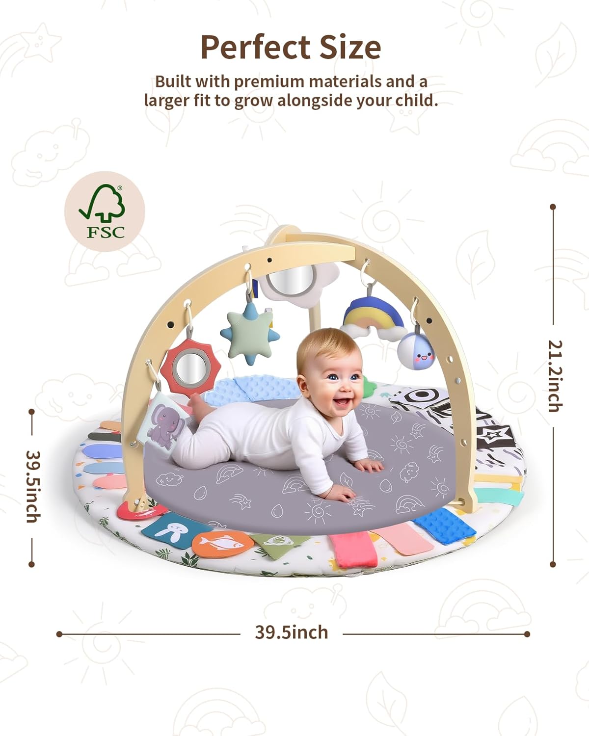Baby Play Gym Activity Mat, WOOD CITY Tummy Time Play Mat for Babies 0-6 Months with 6 Detachable Newborn Infant Toys, Promote Motor Skills & Sensory Development Baby Essentials Gift