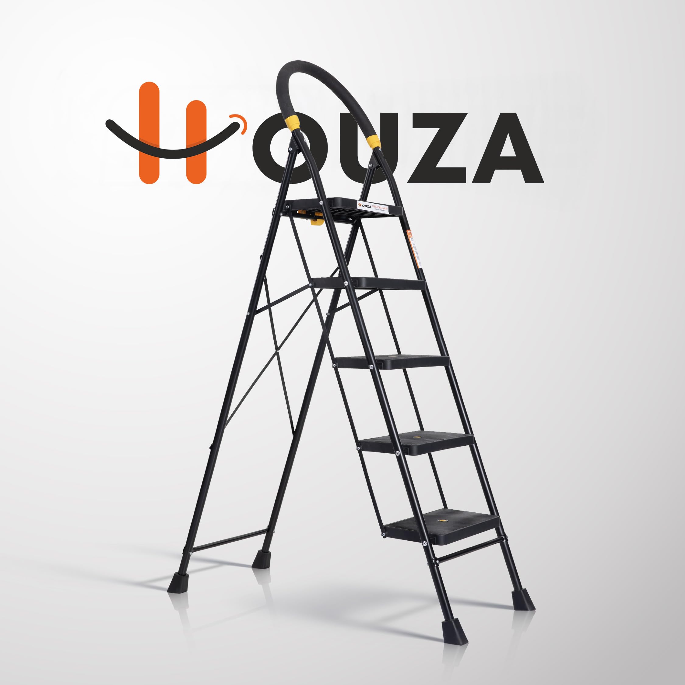 HOUZA Steel Ladder for Home 5 Steps Foldable with Anti-Skid Wide Steps (30cm x 20cm) | 5 Step Ladder for Home Use with Secure Lock | 150 Kg Load Capacity Folding Ladder | 5 Year Warranty (Black) — Amazon image 6
