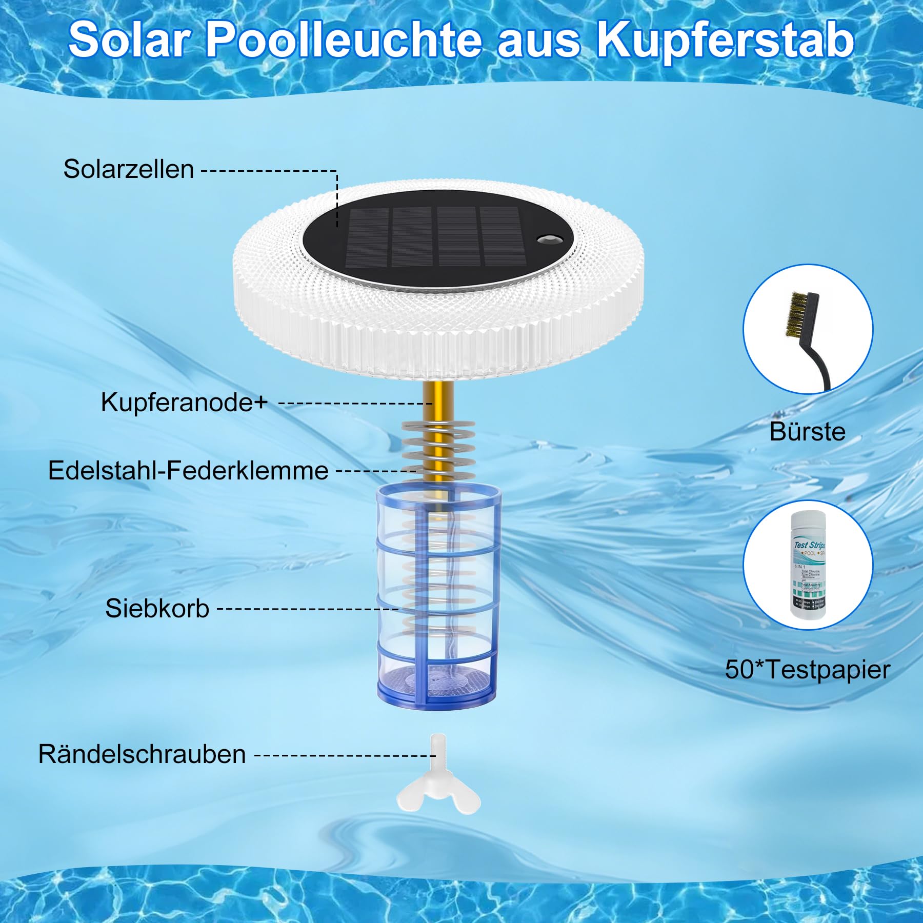 sylvwin Solar Pool Ionisator mit Kupferanoden, Schwimmender Wasserreiniger mit Kupferanode für Schwimmbäder, Solar Poolbeleuchtung, RGB Solarleuchten, Wasserreiniger Für Pools Und Spas