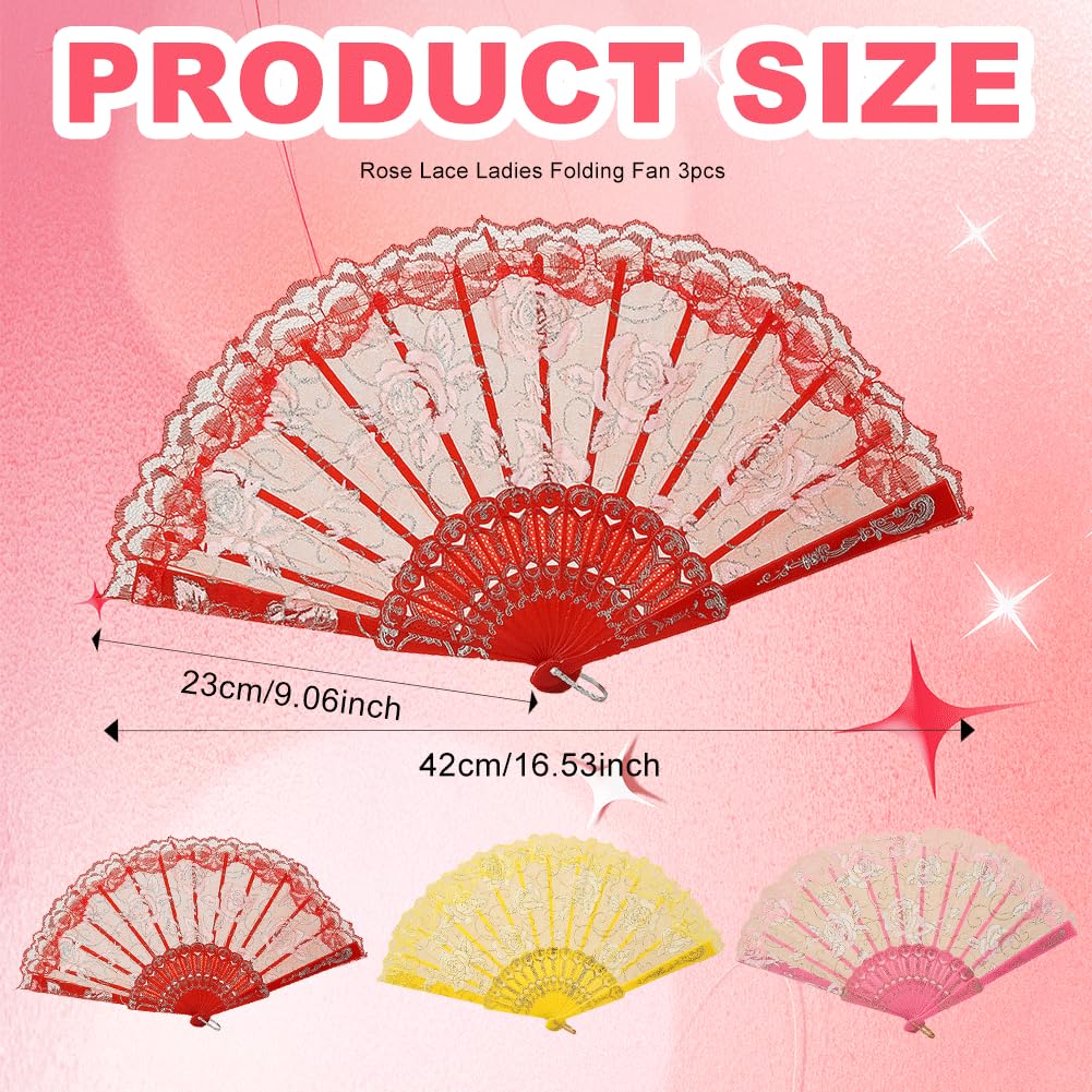CavspkArt 3 Pcs Lace Hand Fan,Rose Lace Folding Fans,White,Black and Blue Wedding Bride Folding Fan,Vintage Chinese Handheld Fans,Spanish Lace Fans Women Fans for Wedding,Gifts,Party Decor (B) - Image 2