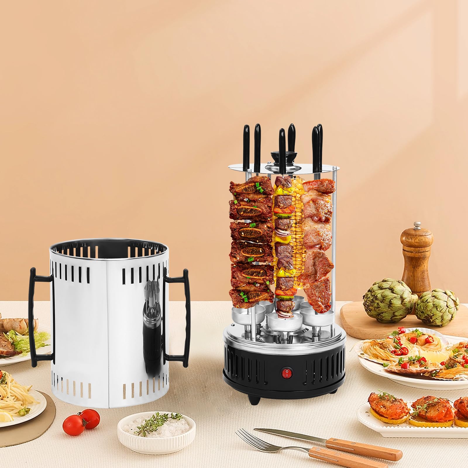 Multigrill Dönergrill Schaschlik Grill 1000 W Elektrogrill Schaschlikgrill mit 5 Spieße, Vertikaler Elektrogrill Tischgrill für BBQ, Tischgrill, Vertikalgrill