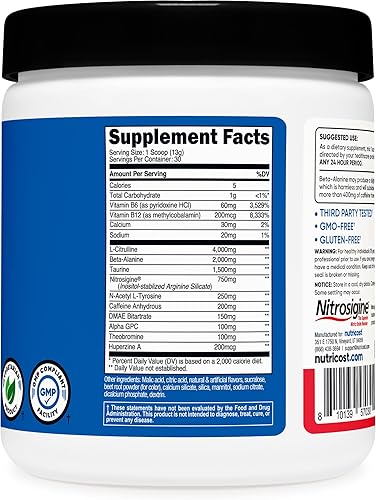 Miniatura 9 de Nutricost Polvo complejo pre-entrenamiento (30 porciones, frambuesa azul) - Suplemento pre-entrenamiento con beta-alanina, taurina y aminoácidos