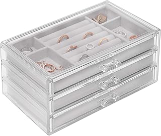 Sasha Morel Jewellery Box for Women with 3 Drawers, Velvet Jewellery Organiser for Earring Bangle Bracelet Necklace and Ri...