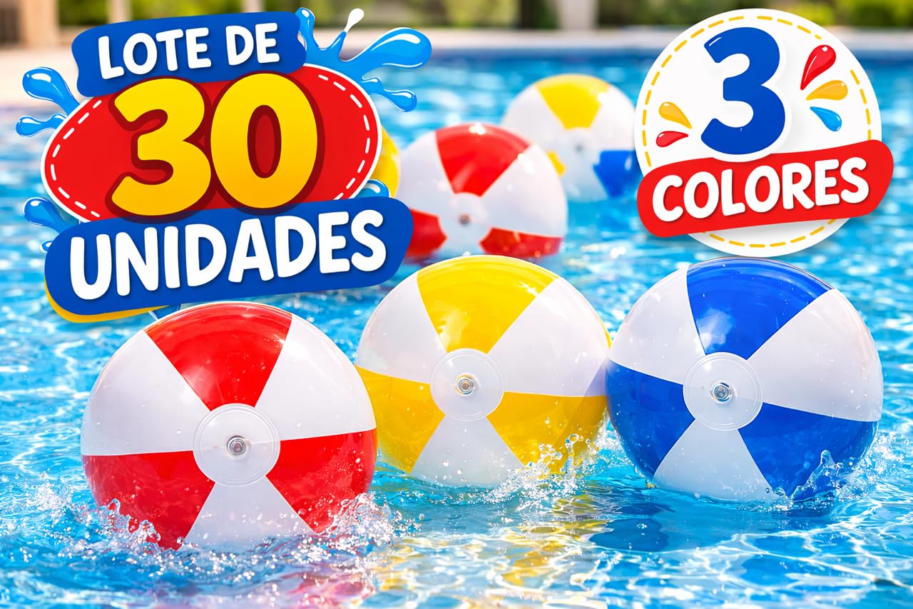 30 Balones - Pelota de Playa 28cm de PVC, Pelota Hinchable Juguetes inflables Pelota de Playa Colores de Verano, Adultos Playa, Fiesta de Piscina, Actividades , surtido 3 colores, Azul-Rojo-Amarillo.