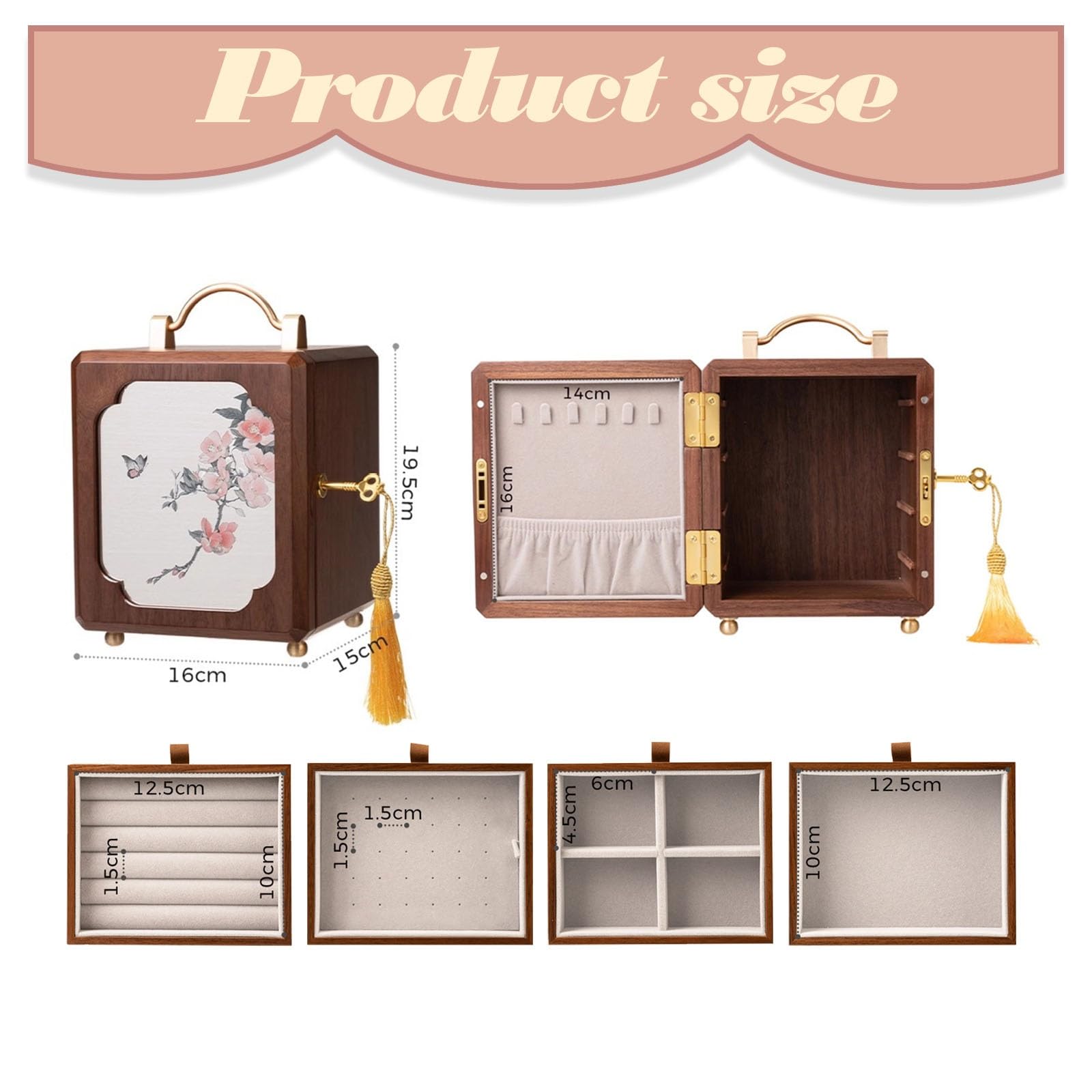 Pudełko na biżuterię z 4 szufladami, zamykany, drewniany organizer do przechowywania pierścionków, kolczyków, bransoletek, aksamitnych przegródek, vintage design na akcesoria kosmetyczne