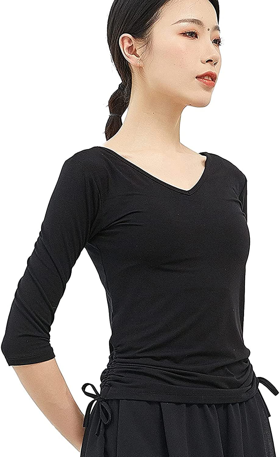 [優億] ダンス衣装 レディース バレエ 半袖 ５分袖 トップス 練習レッスンウエア ストレッチ Ｔシャツ ブラウス ギャザー 調整可能 2way トップス 古典舞踊 バレエ ウエア 社交ダンス