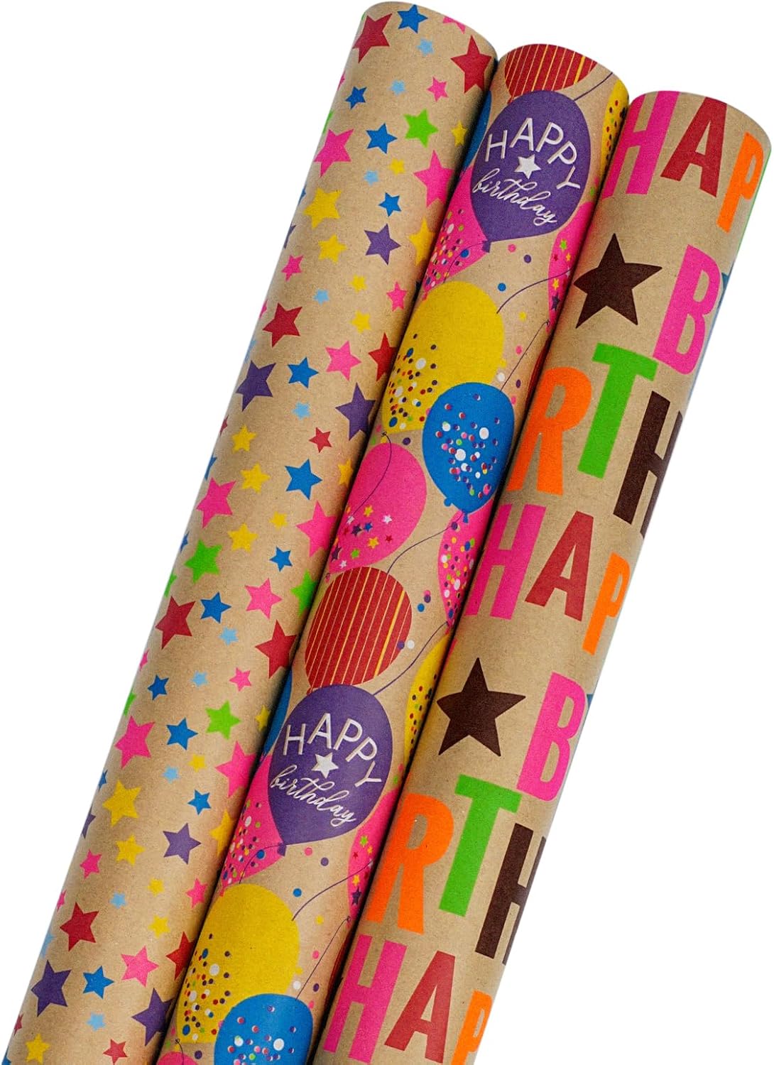 BIOBROWN Kraft Birthday Wrapping Paper - 30 Inch X 10 Feet (3 Rolls: 75 sq. ft. ttl.) - Balloons & Star Design Perfect for Birthday, Party, Baby Shower, Christmas, Gift Wrap