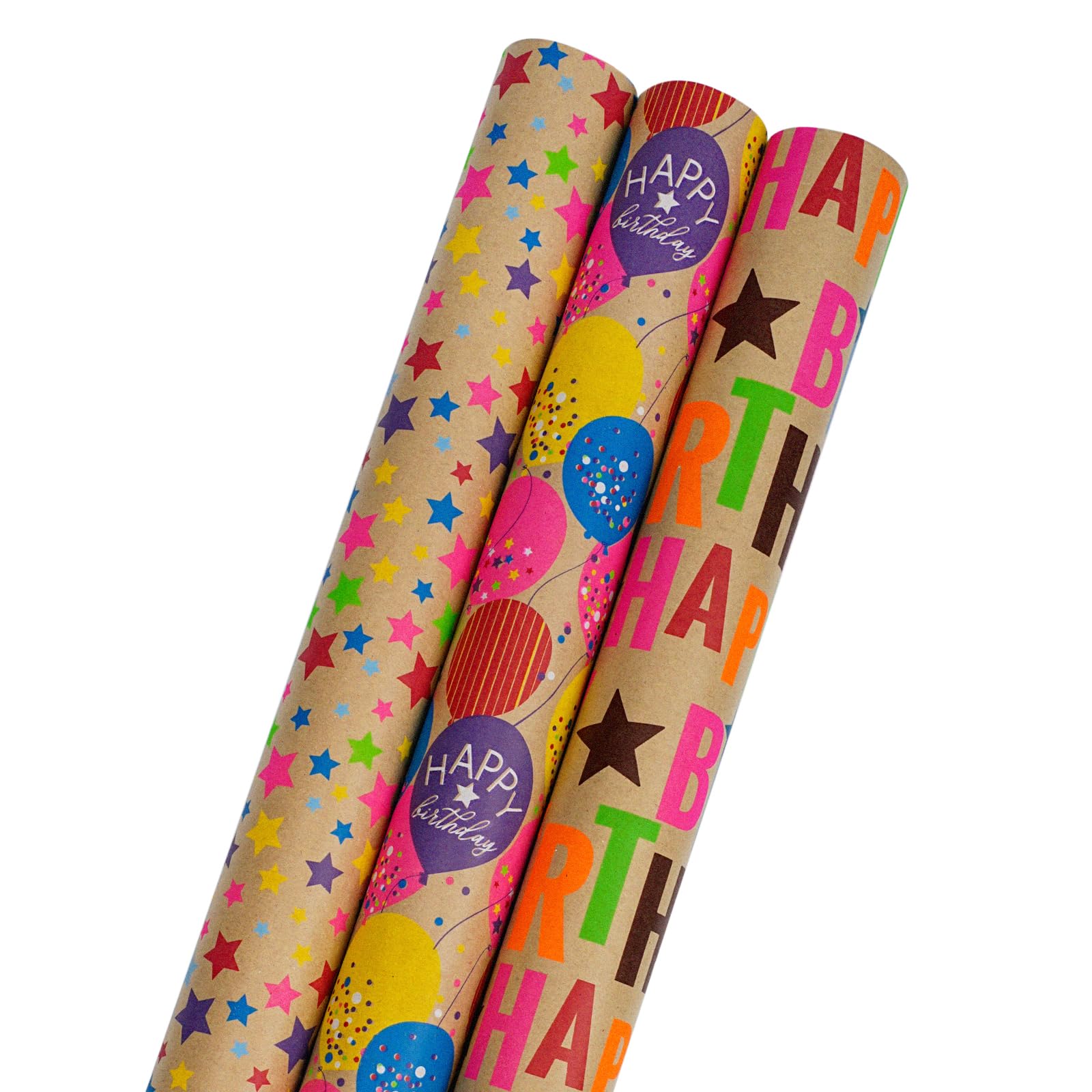 BIOBROWN Kraft Birthday Wrapping Paper - 30 Inch X 10 Feet (3 Rolls: 75 sq. ft. ttl.) - Balloons & Star Design Perfect for Birthday, Party, Baby Shower, Christmas, Gift Wrap