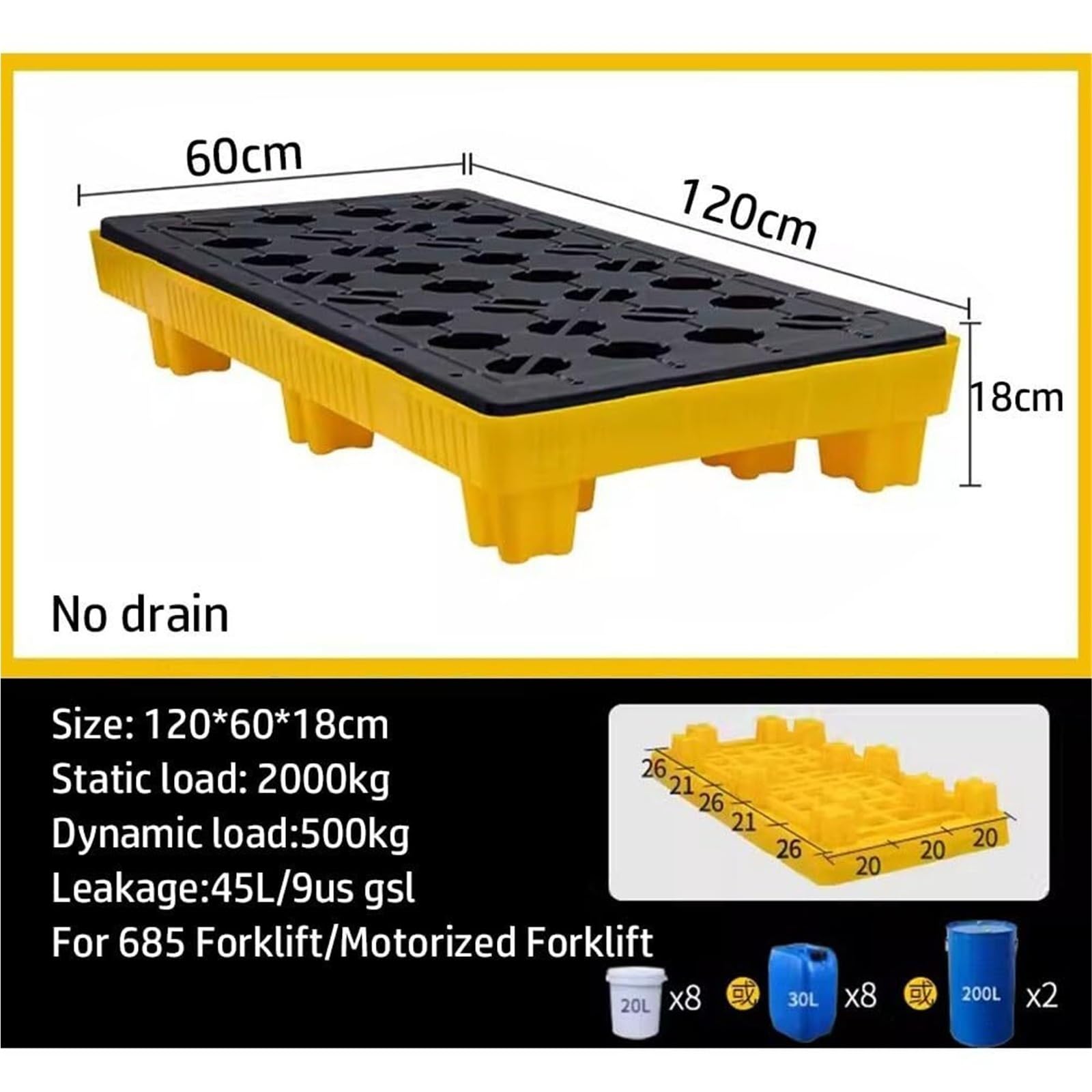 Pallet di Contenimento, Vasca Modulare per Fusti con Griglia e Sump Secondario, Piattaforma Industriale Anti-Perdite per Controllo Fuoriuscita Carburante Olio(120 * 60 * 18cm)
