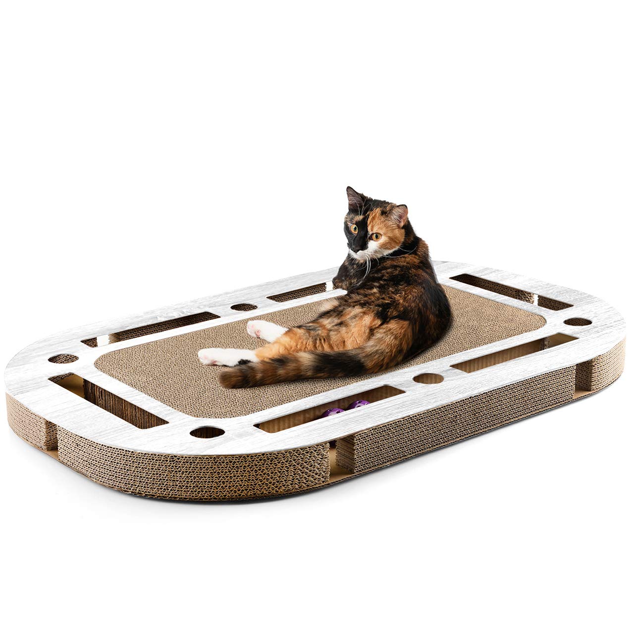 CanadianCat Company | XXL Katzenspielplatz 85 x 54 x 5,8 cm mit integrierter Kratzpappe Katzenspielzeug Kratzbrett in hellgrau gekalkter Holzoptik Kratzkarton