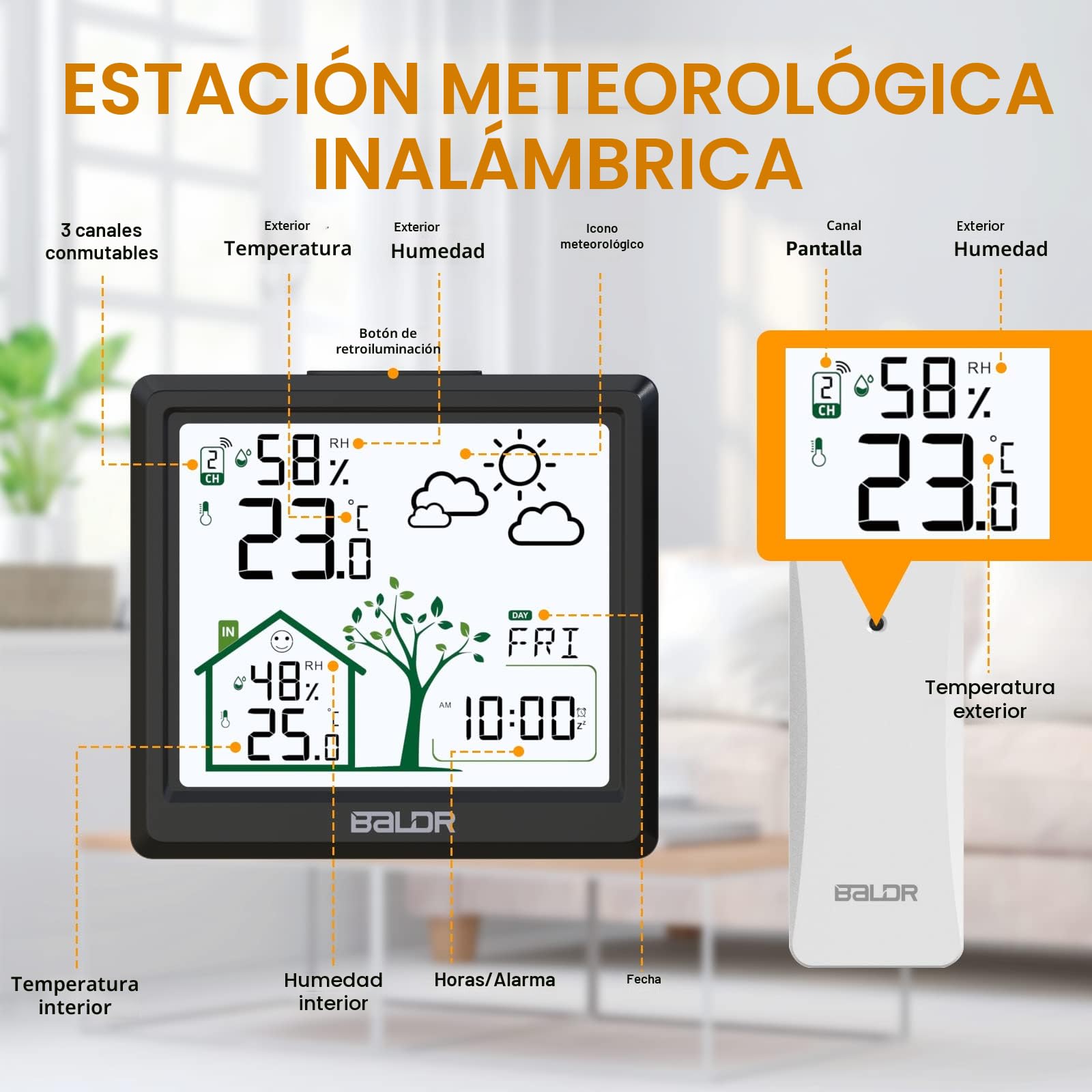 LEVIPE Estación Meteorológica Inalámbrica, Termómetro Higrómetro Barómetro Interior Exterior con Sensor LED Retroiluminación Pantalla Reloj Digital Alarma y Snooze Pantalla Hora Fecha Día Negro