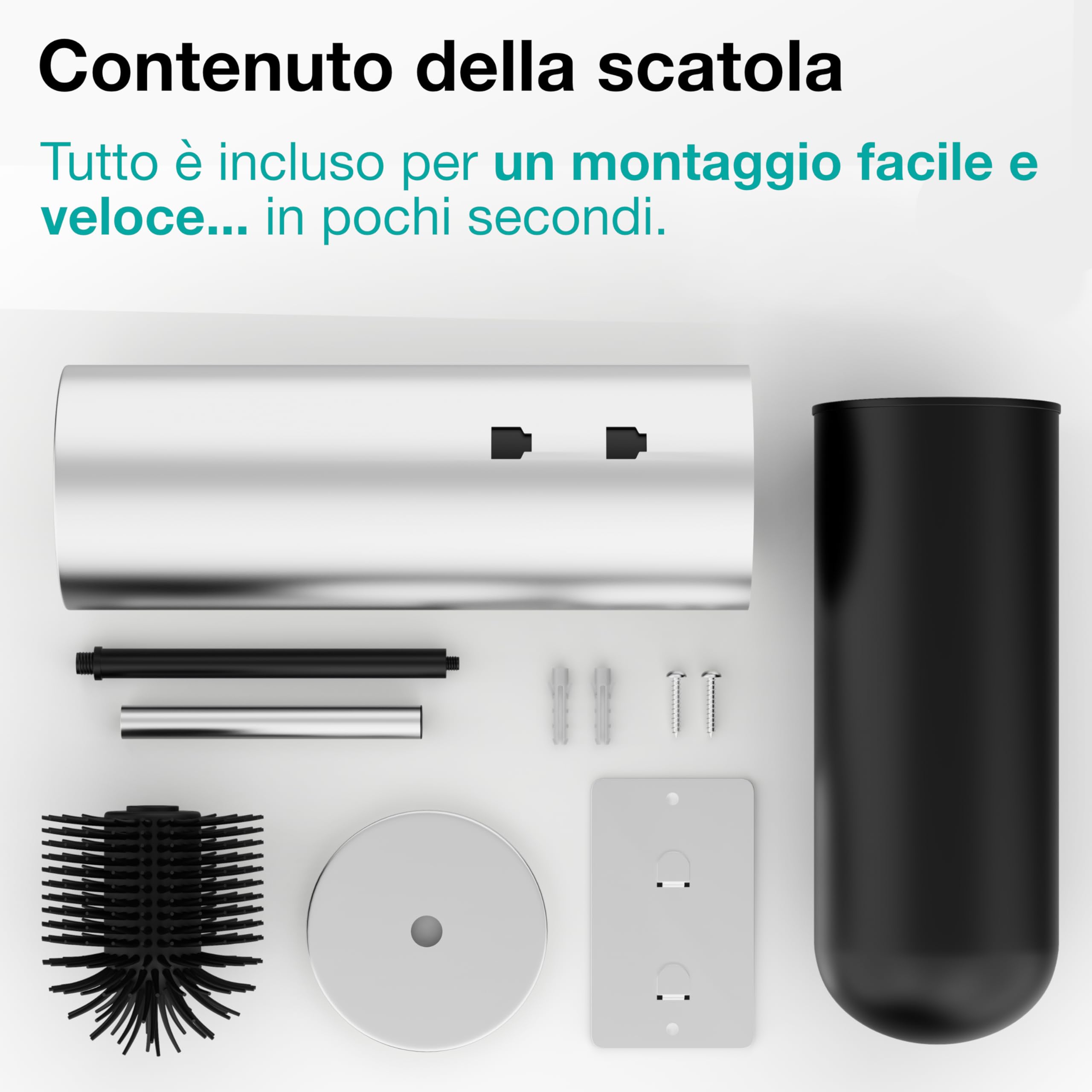 Scopino WC Sospeso - Scopino Silicone e Metallo - Nessuna Foratura - Montaggio a Parete con Adesivo o Vite - Acciaio Inox 304 - Porta Scopino Bagno WC - WC3611