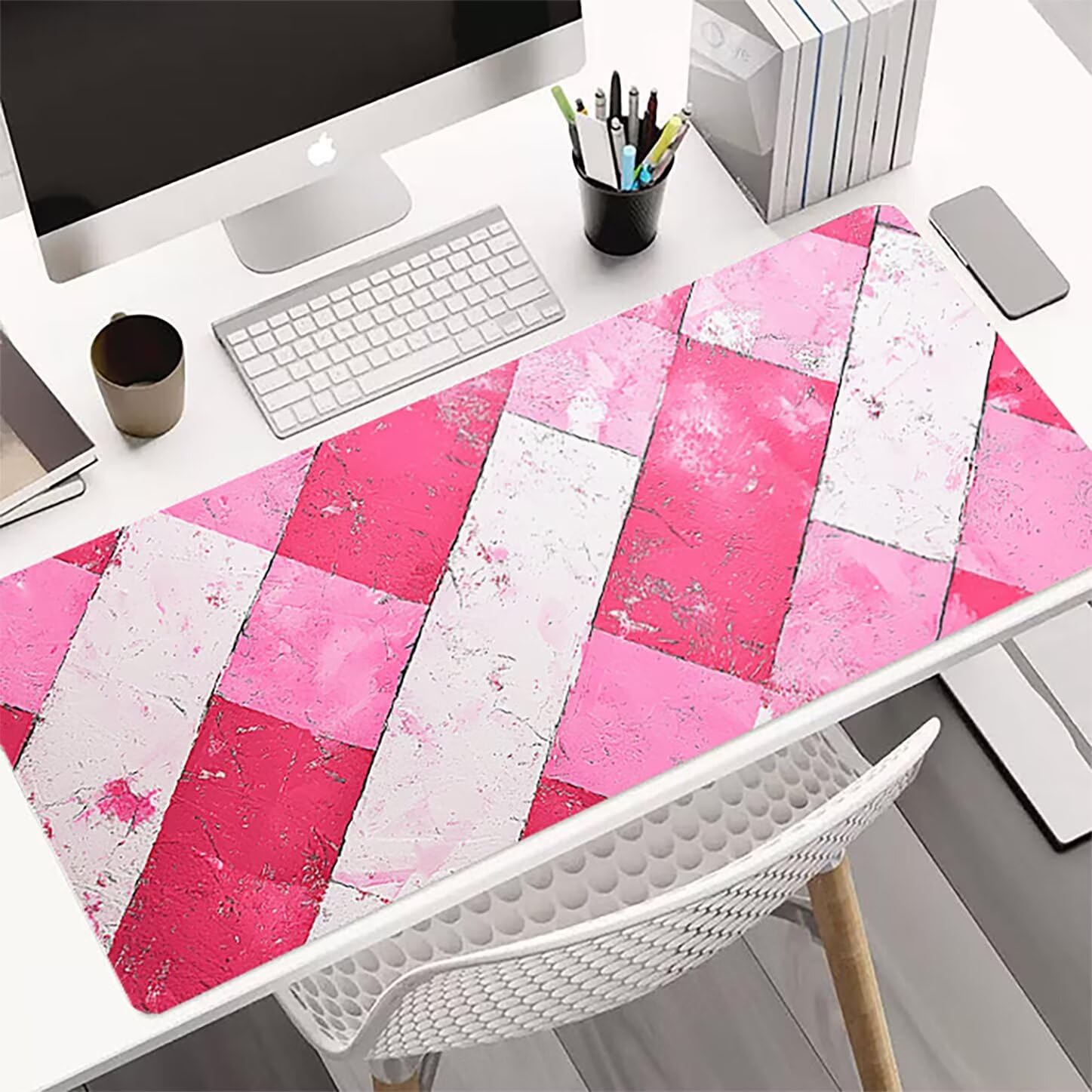 Lpfieonn Rosa Großes Schreibtischunterlage, XXL Schreibtischunterlagen, Weiß XXL Wasserdicht Gaming Mousepad mit Vernähter Rand und Rutschfeste Gummibasis, für Laptop/Hause/Büro 120x60cm PF-1725
