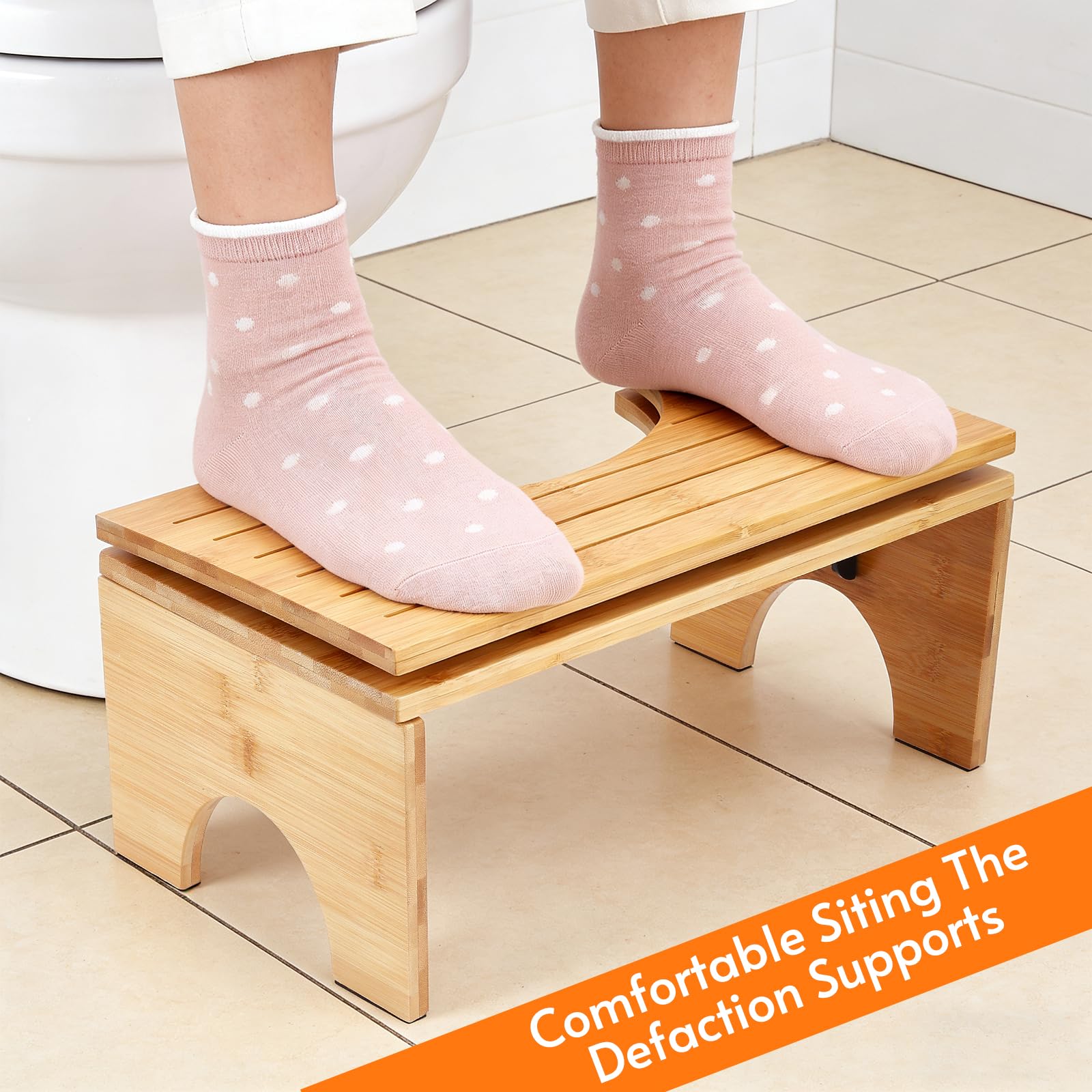 Sgabello WC in Bambù,Portatile Sgabello Pieghevole per Adulti,Antiscivolo Sgabello da Bagno con 4 Livelli,Ergonomico a Forma di C per Combattere la Stitichezza,Flatulenza e Facilitare l'evacuazione