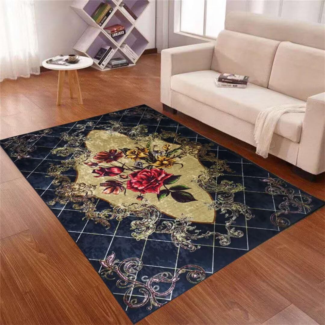 Tapis de salon lavable 130x190 cm bleu foncé à motif floral pour chambre enfant