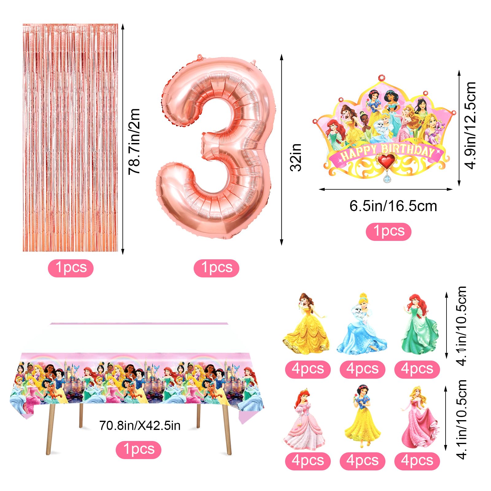 Juego de decoración de cumpleaños 3 de princesa - 53 unidades con globos, globos de aluminio y accesorios para fiestas de cumpleaños infantiles