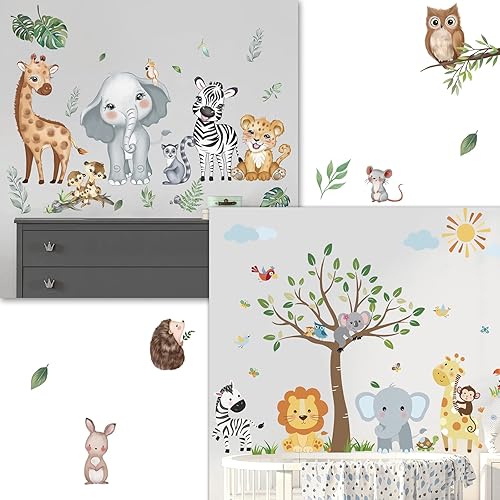 Miniatura 1 de decalmile Paquete de calcomanías de pared de animales de la selva con calcomanías de pared de árbol de animales de bebé, guardería, dormitorio de