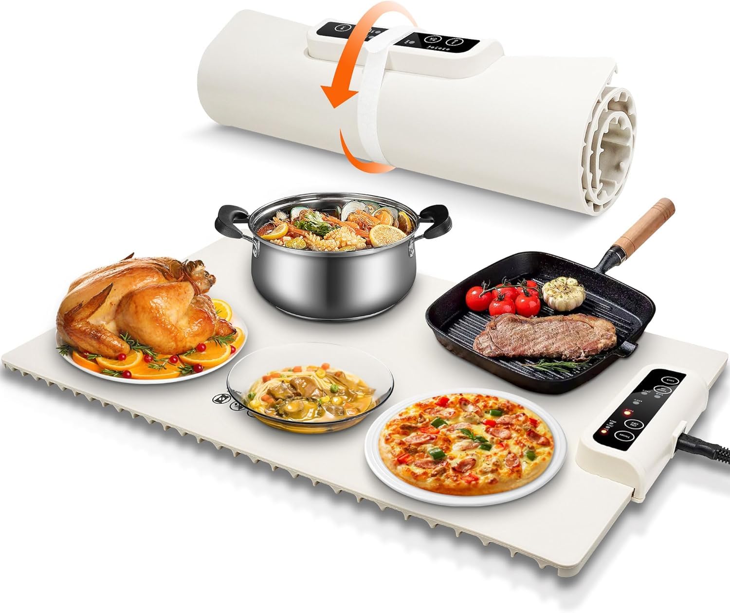 AnkilaElectric Warming Tray, Silicone Heating Mat for Food, Foldable Warming Plate, Full Surface Heating Food Warmer, 3 Temperature & Timer Settings,for Gatherings,Parties,Home Buffets (White)