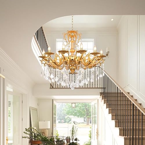 Miniatura 2 de Candelabro vintage de 12 luces, contemporáneo, elegante, K9, cristal dorado, candelabros colgantes, lámpara de techo de 34 pulgadas