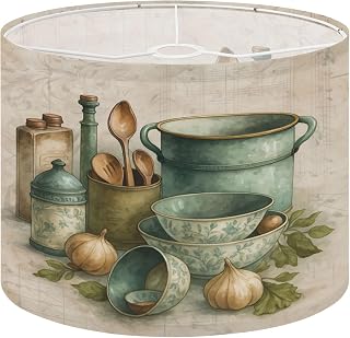 Drum Lamp Shades, 13" x 10" Small Lampshade with Vintage Kitchenware Still Life, Lamp Cover for Table & Floor Lamps, Easy to Assemble Modern Decor