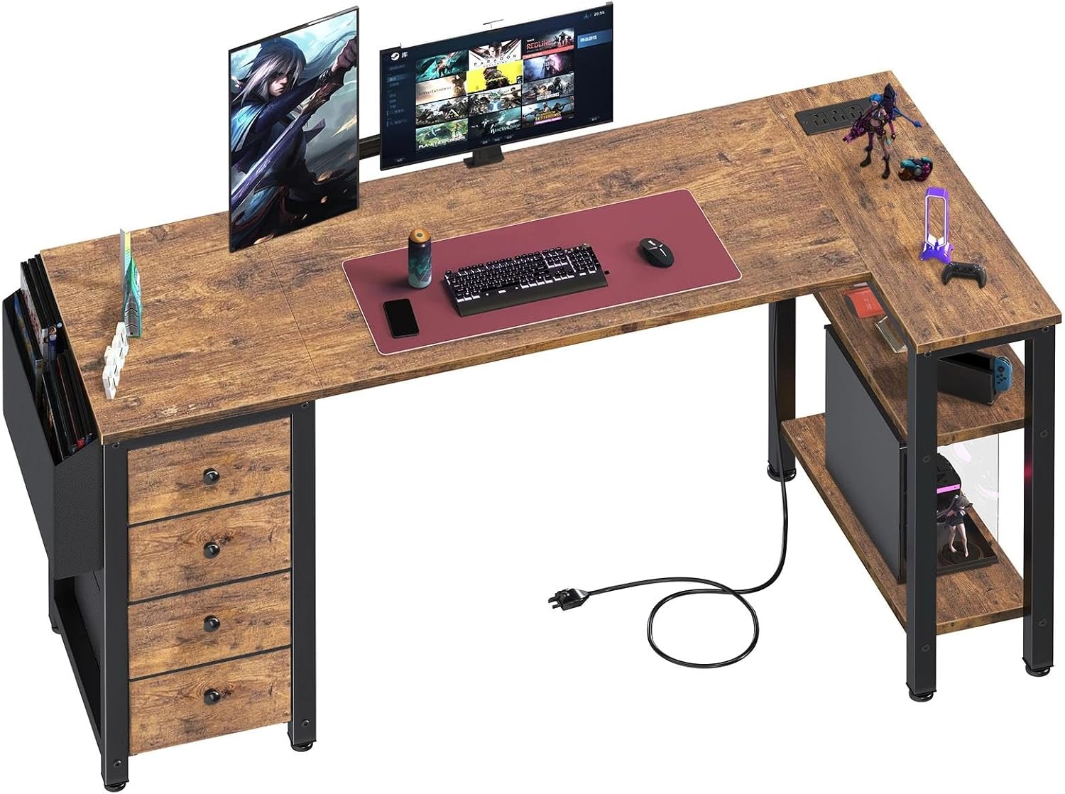 Lufeiya L Shaped Computer Desk with Drawers & Storage Shelves, 55 Inch Corner Desk with Power Outlet for Home Office Bedroom, L-Shaped Teen PC Gaming Desks with Fabric Drawer, Rustic Brown
