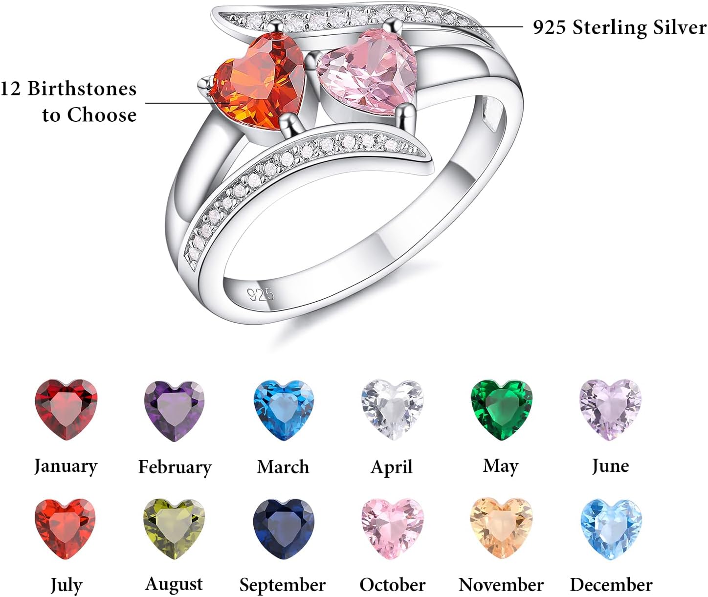 VIBOOS Personalized 925 Sterling Silver Promise Ring Engraving 2/3/4 Names Rings Custom Text with Birthstones for Women Engagement Wedding Set BBF Name Rings Mom Jewelry