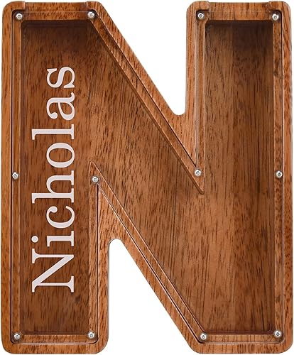 Alcancía de madera personalizada, con nombre grabado láser, 1.8 pulgadas de grosor, letras del alfabeto de madera personalizadas, caja de dinero,
