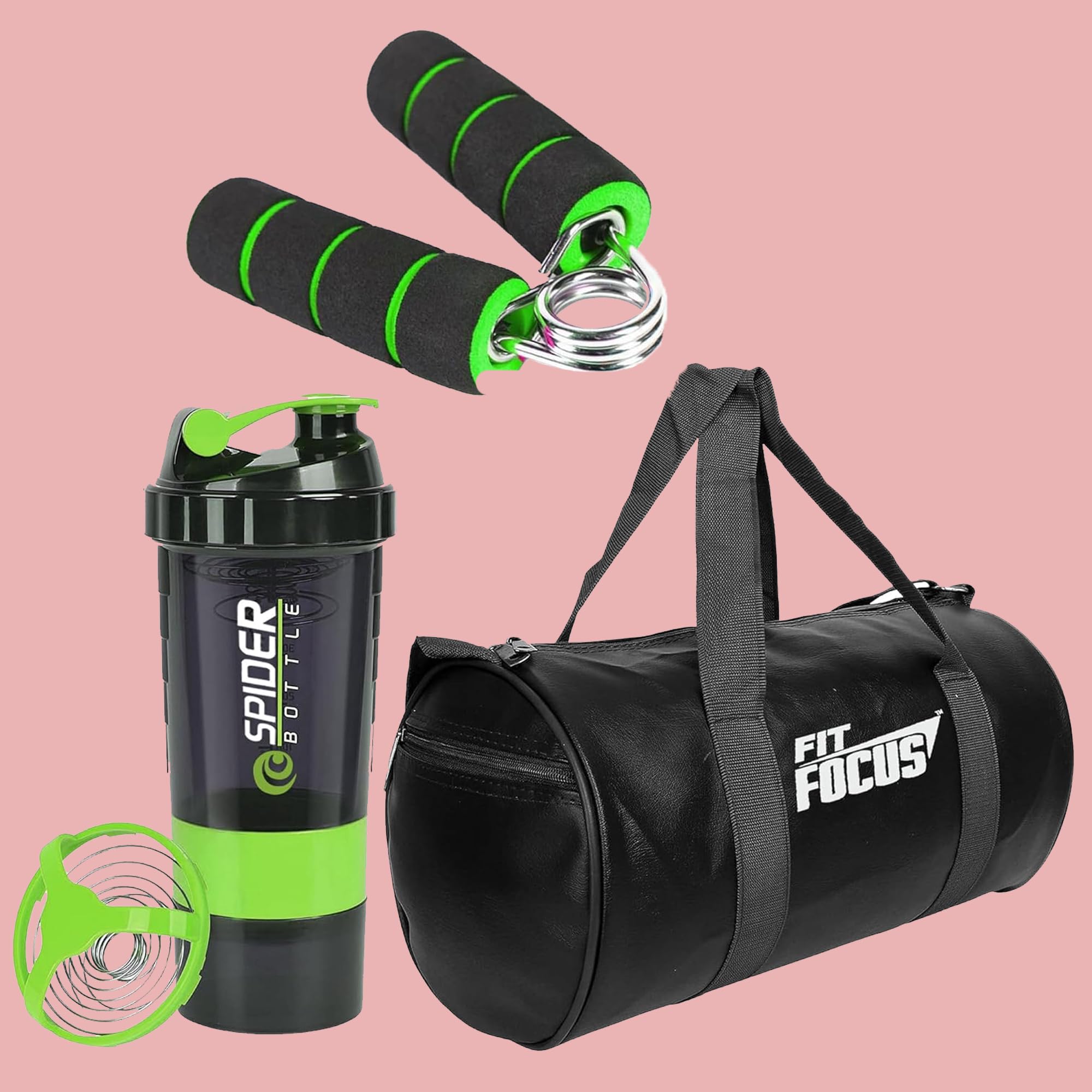 Bag Combo for Gym Shaker Bottle with Gym Bag and Hand Gripper | Shaker Bottle 500 ml | Gym Duffel Bag for Fitness | Shoulder Gym Bags | Strong Hand Gripper | Gym Combo Unisex (Green)-image-12