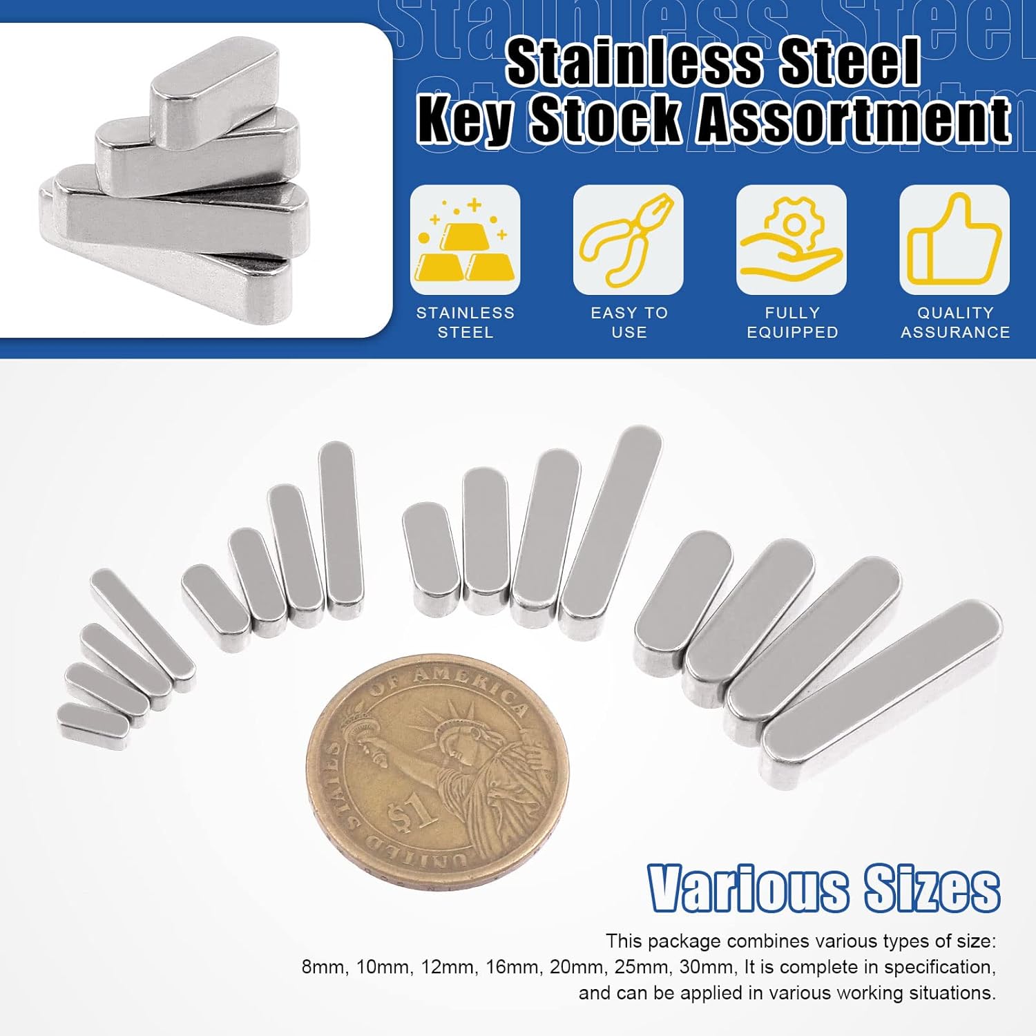 Glarks 140Pcs 8mm 10mm 12mm 16mm 20mm 25mm 30mm Key Stock Keystock Assortment kit, 16 Sizes 304 Stainless Steel Smooth Round Ended Feather Key Parallel Drive Shaft Keys Set