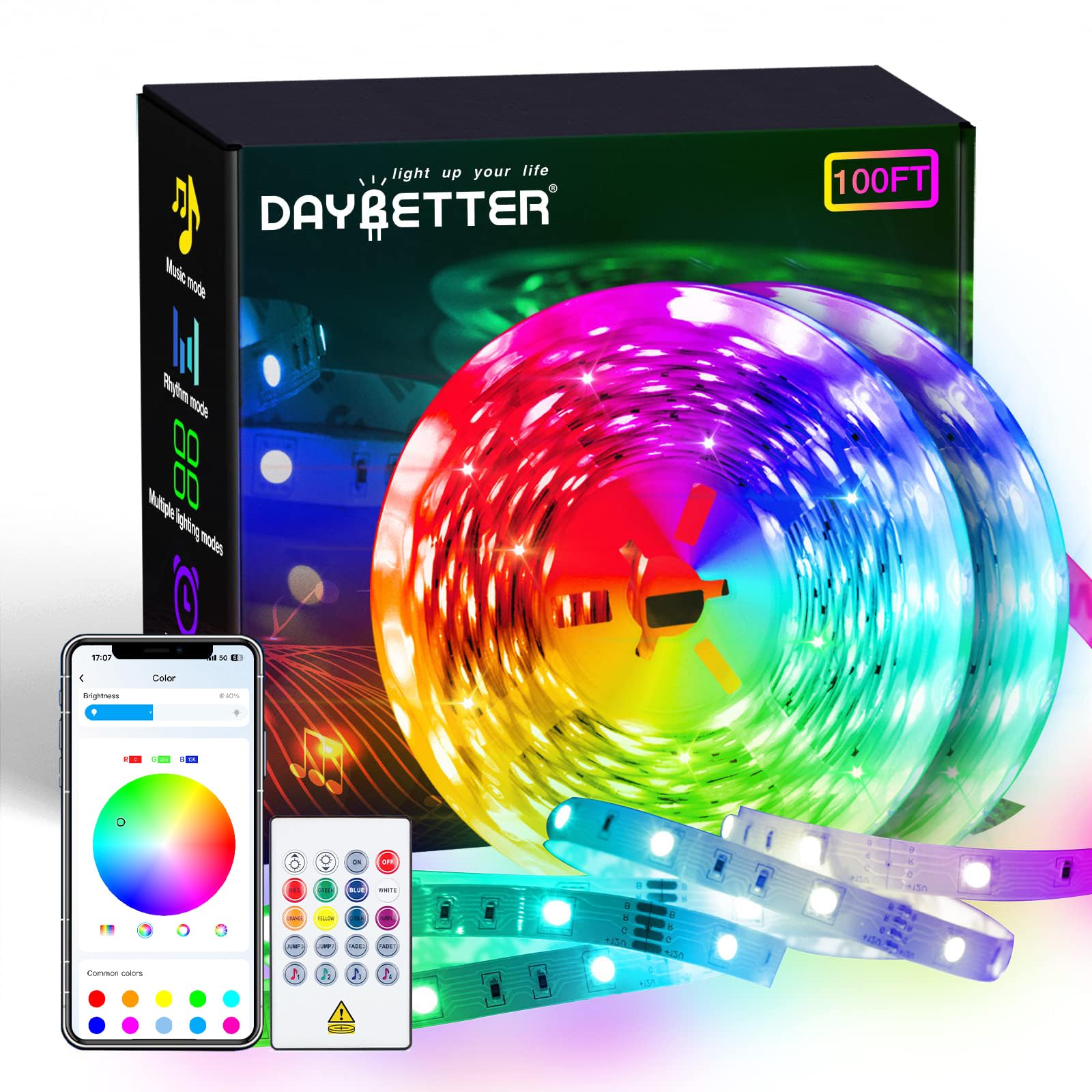 DAYBETTER 100ft Led Strip Lights for Bedroom with App Control Remote, 5050 RGB Led Lights for Bedroom, Music Sync Color Changing Strips for Room Party (2 Rolls of 50ft)