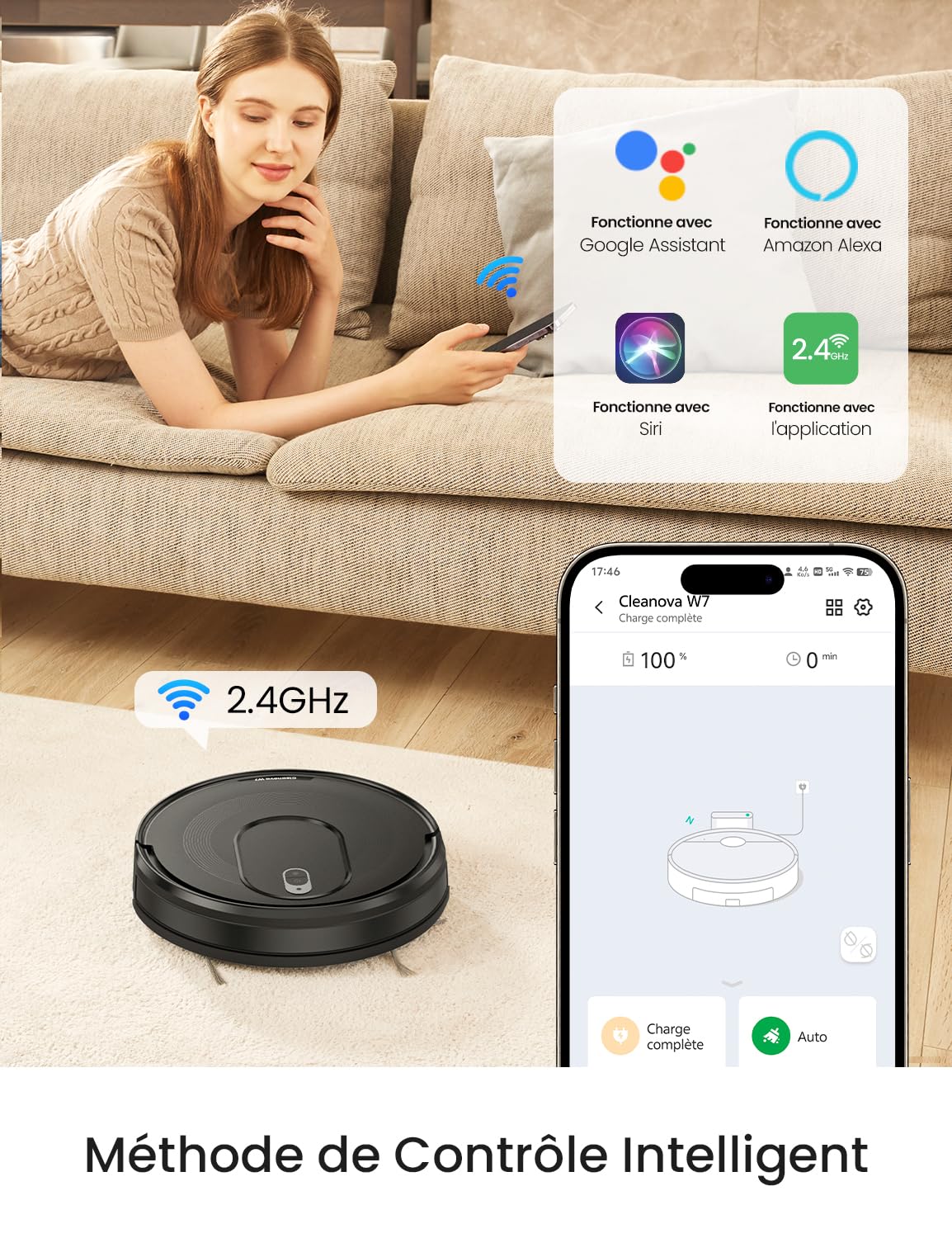 Robot Aspirateur Laveur Vexilar W7 - 4000 Pa, Autonome 120 Min, 3 En 1 - Contrôle App, Alexa, Anti-poils