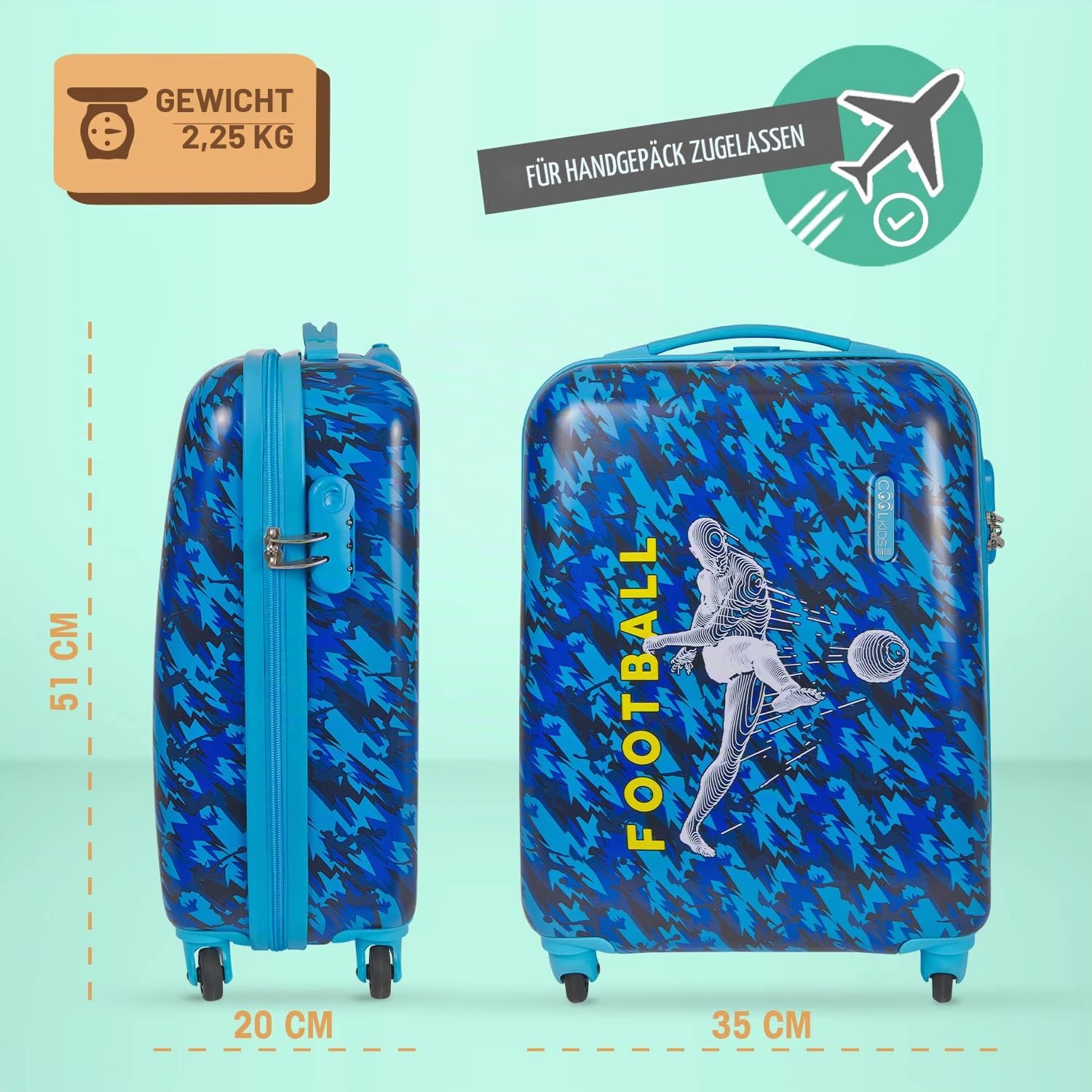 PERLETTI Blauer Kinderkoffer Fußballer - Kinder Trolley Handgepäck Leicht 4 Rollen und Zahlenschloss - Hartschalen Cabin Bag Kabinentrolley Junge - Koffer Lufthansa Ryanair 51x35x20 cm (Fußball, XS)