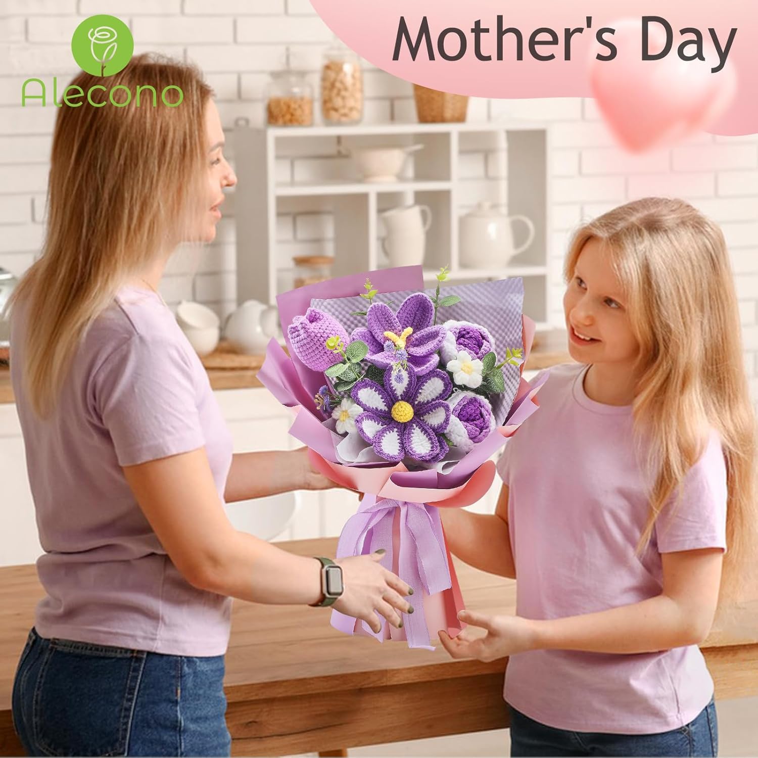 Alecono Crochet Flower Bouquet, Purple Knitted Flowers, Crochet Tulip Galsang Flower for Lover Anniversary Birthday Party Mother's Day Graduation Gifts (Include Card) - Image 3