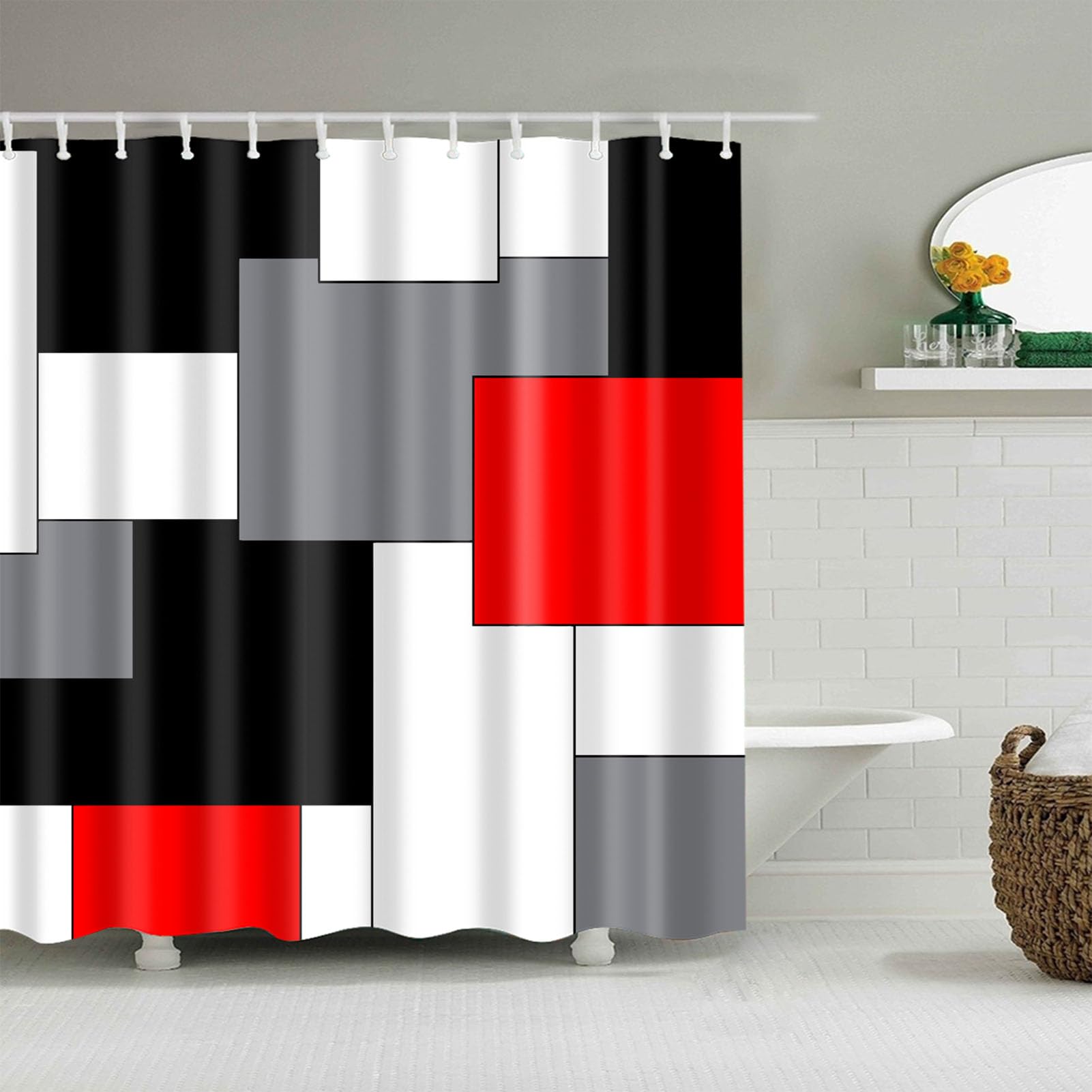 Rideau de douche imperméable motif géométrique gris rouge pour dynamiser votre salle d'eau