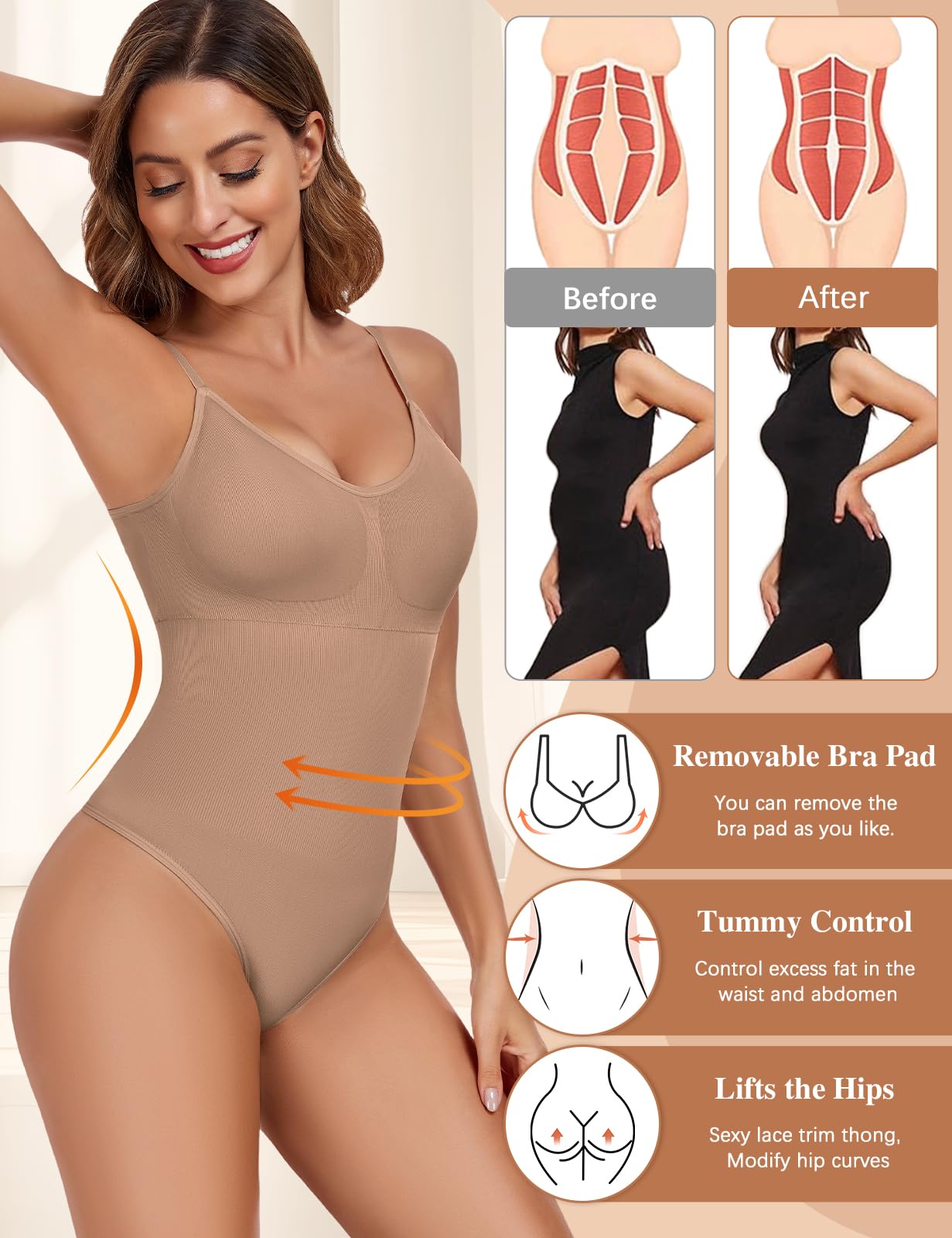 Tuopuda Body Contenitivo Modellante Donna Body Shaper Perizoma Bodysuit Guaina Contenitiva Shapewear Intimo Snellente Pancia Piatta Dimagrante Shaping con Reggiseno Spallino Regolabile