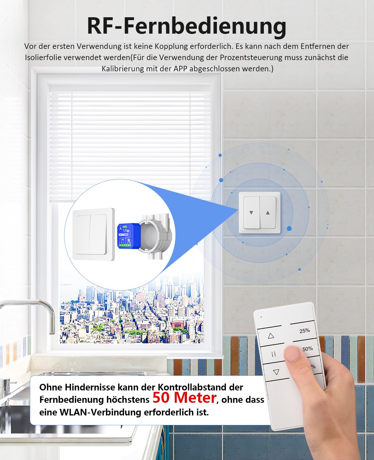 YOMOGI Wlan Rolladenschalter mit RF Fernbedienung gekoppelt, Prozentkontrolle Wlan Rolladen Zeitschaltuhr für Rollläden/Jalousien, Kompatibel mit Alexa & Google & Siri, Mit Fernsteuerung, 6 Packs