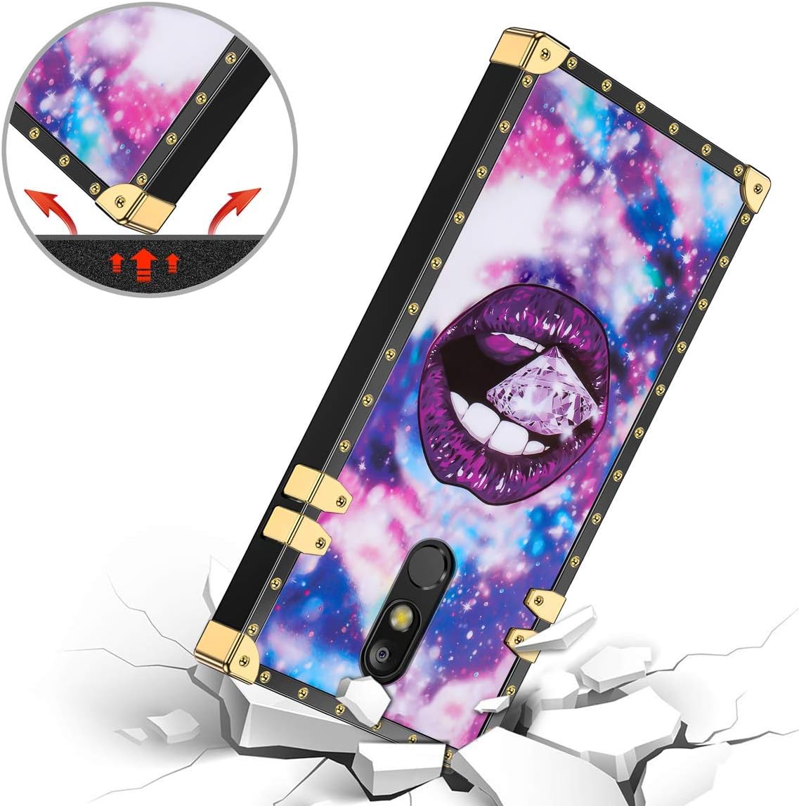 JAKPAK Case for LG Stylo 5 Case with Kickstand for Girls Women Soft TPU Luxury Stylo 5 Case with Strap Shockproof Protective Heavy Duty Metal Cushion Reinforced Corner Case for LG Stylo 5 Purple Lip