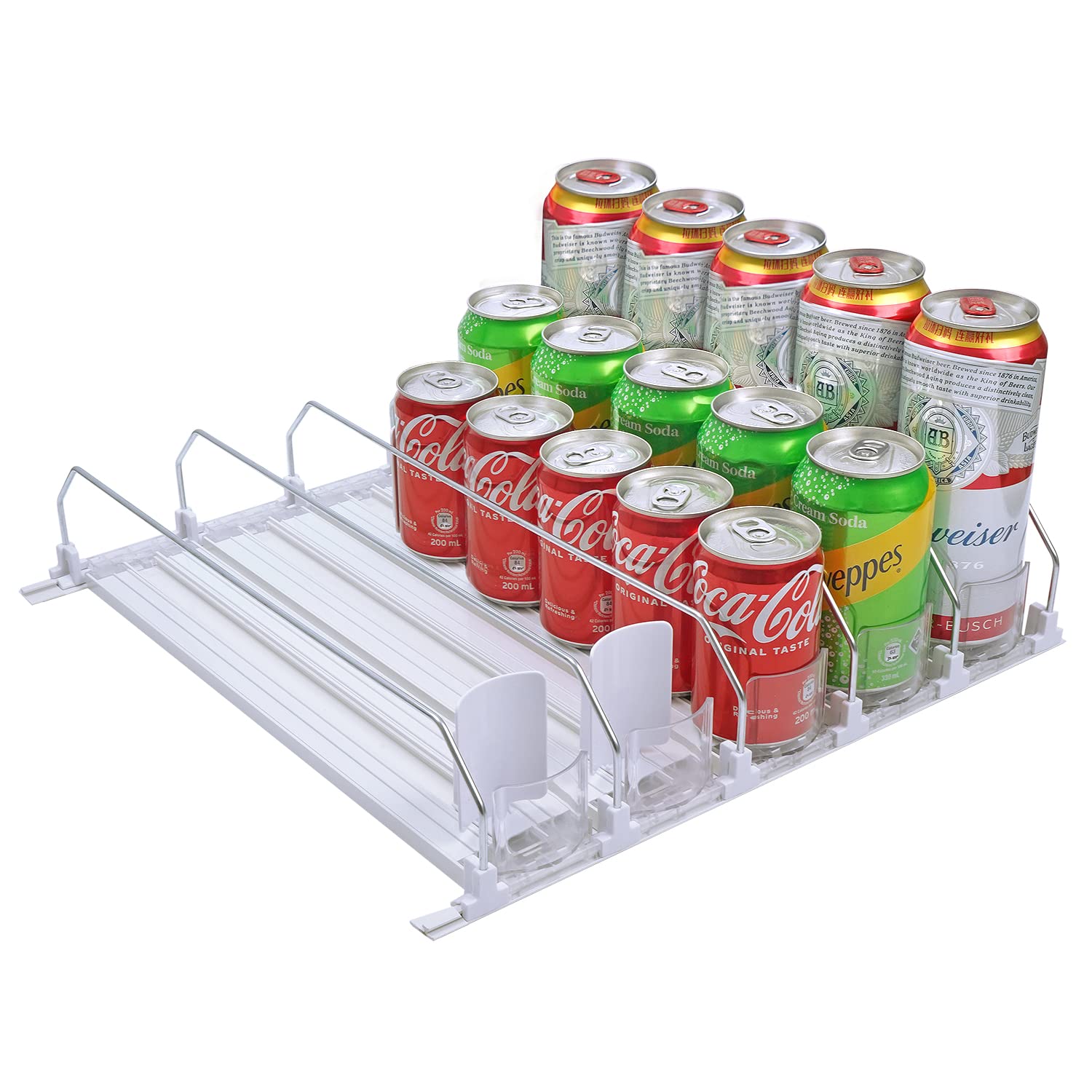 BUDO Soda Can Dispenser for Fridge, Soda Can Self-Pushing Organizer, Adjustable Width Beer Pop Water Bottle Storage for Refrigerator Kitchen Pantry (White, 15inch, 5 Rows)