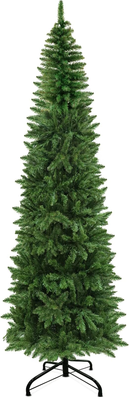 TURNMEON 7 Feet Pencil Artificial Christmas Tree Decoration with 800 Branch Tips Metal Stand Lush Hinged Slim Xmas Tree Decor for Indoor Outdoor Home Party Holiday Christmas Decorations (Spruce Green)