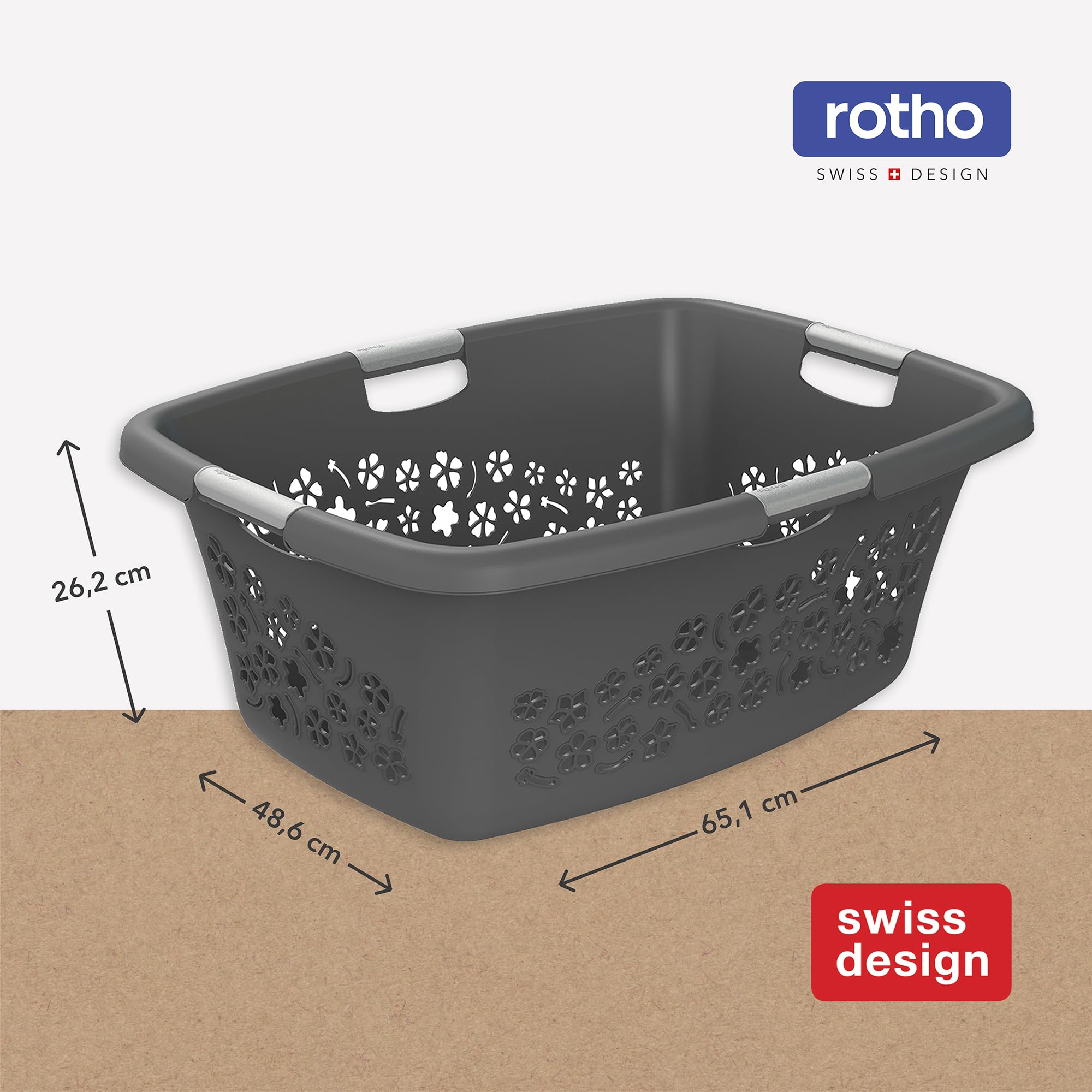 Rotho Flowers 3er-Set Wäschekorb 50l | mit Belüftungslöchern | mit 4 Griffen für bequemes Tragen | robust & langlebig | einfach zu reinigen & hygienisch | anthrazit