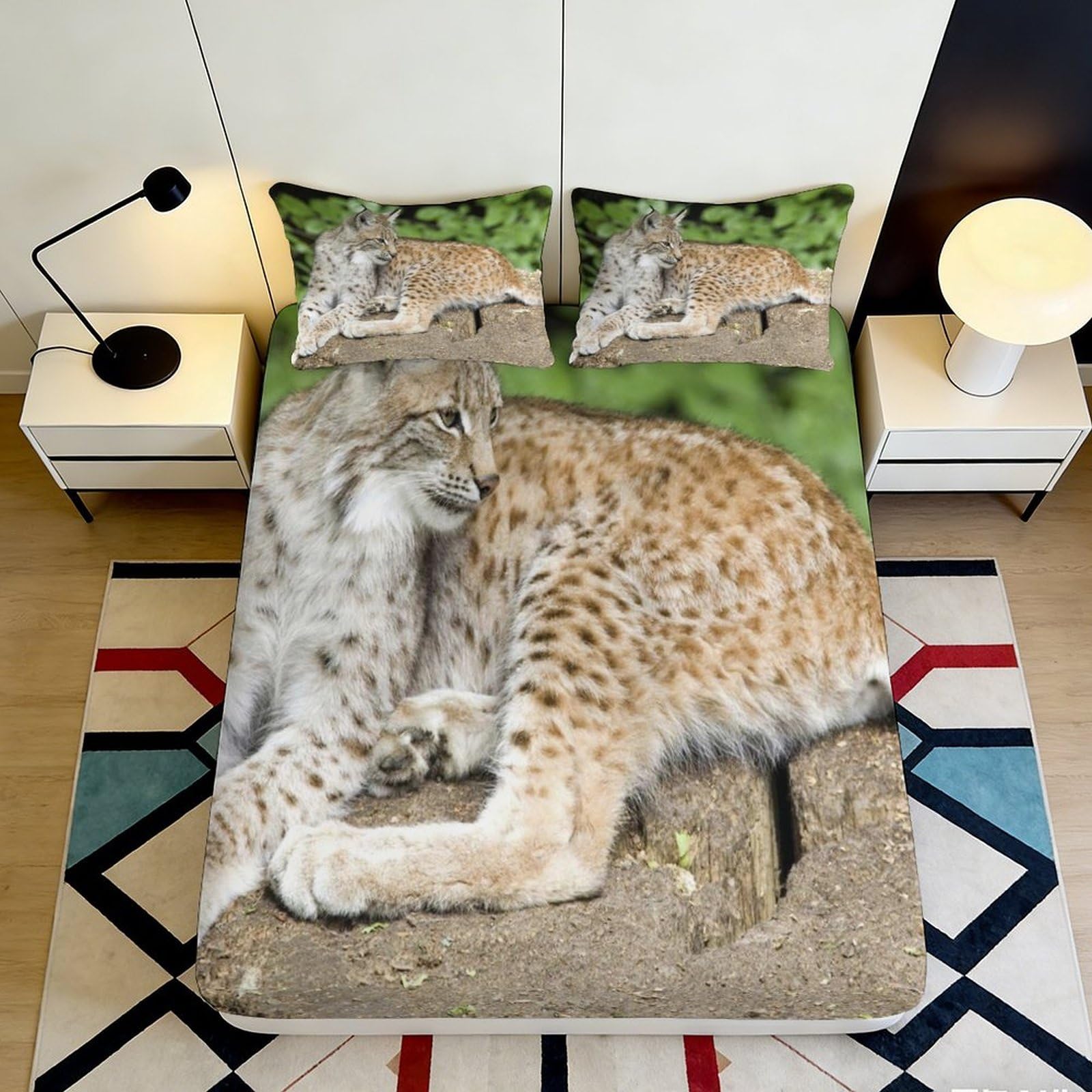 3D Printed Lynx Pattern Fitted Sheet Microfiber Soft Breathable Wild Cat Bed Cover for Bedroom Dormitory Guest Room Mattress Protection Decor 160x200x25cm