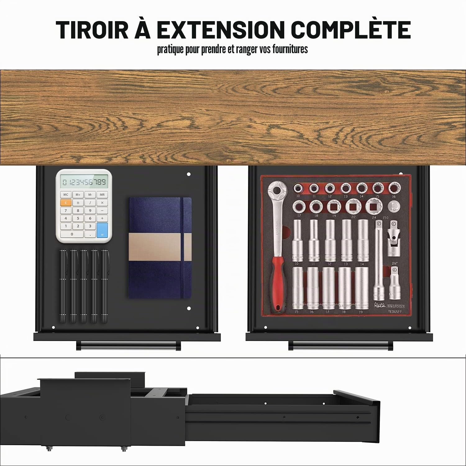 UNITEDPOWER Tiroir de rangement sous le bureau, tiroir de comptoir caché, organiseur coulissant en métal, hauteur de support optionnelle, noir