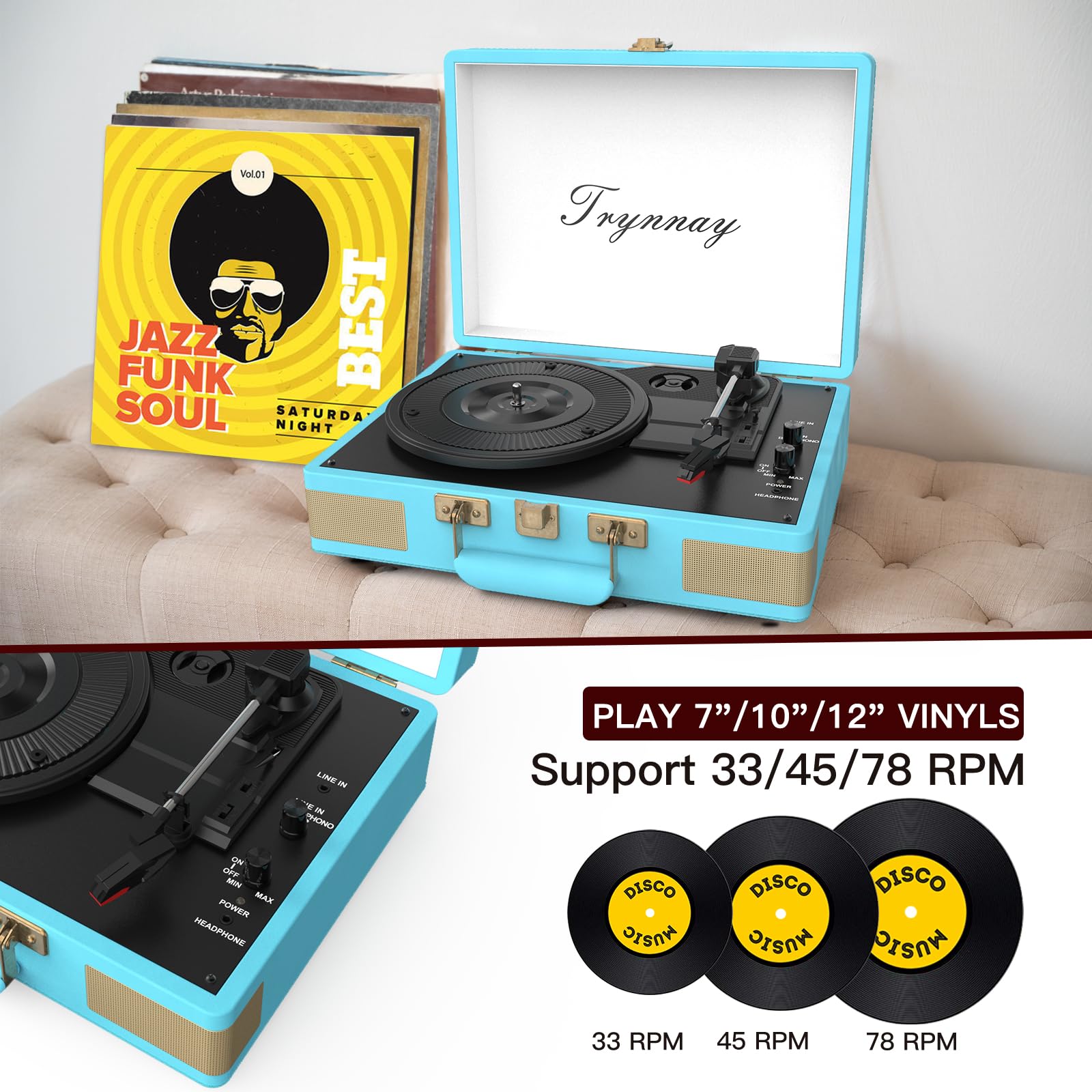 Trynnay Giradischi a 3 marce, lettore portatile in vinile con altoparlanti integrati, giradischi, audio migliorato, pelle PU, blu vintage