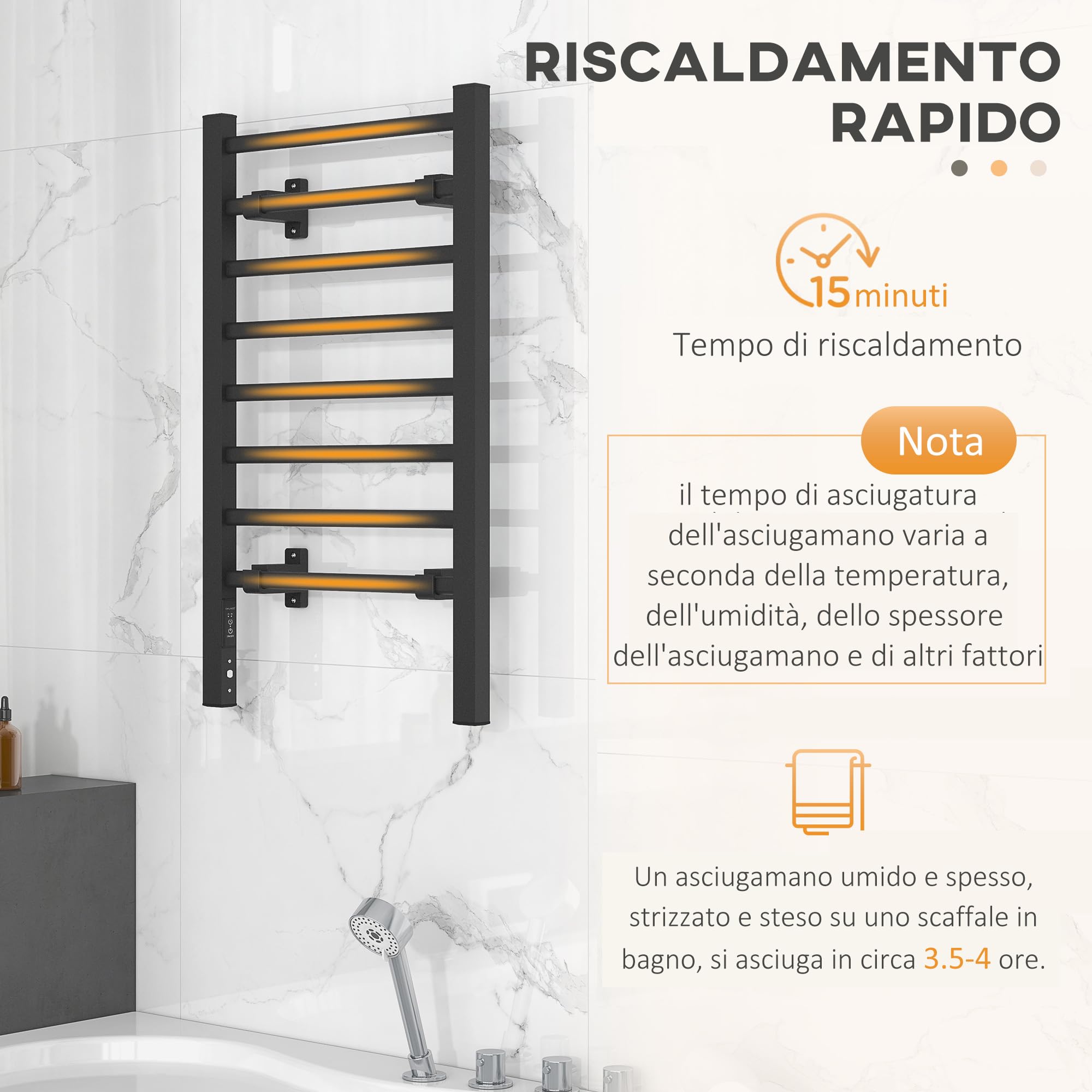 HOMCOM Calorifero Scaldasalviette da Terra o Parete 150W 53x35x90cm Nero | Porta Asciugamani Riscaldato Elettrico per Bagno, Lega di Alluminio, 8 Barre, Timer da 2 o 4 Ore, Resistente all'Acqua