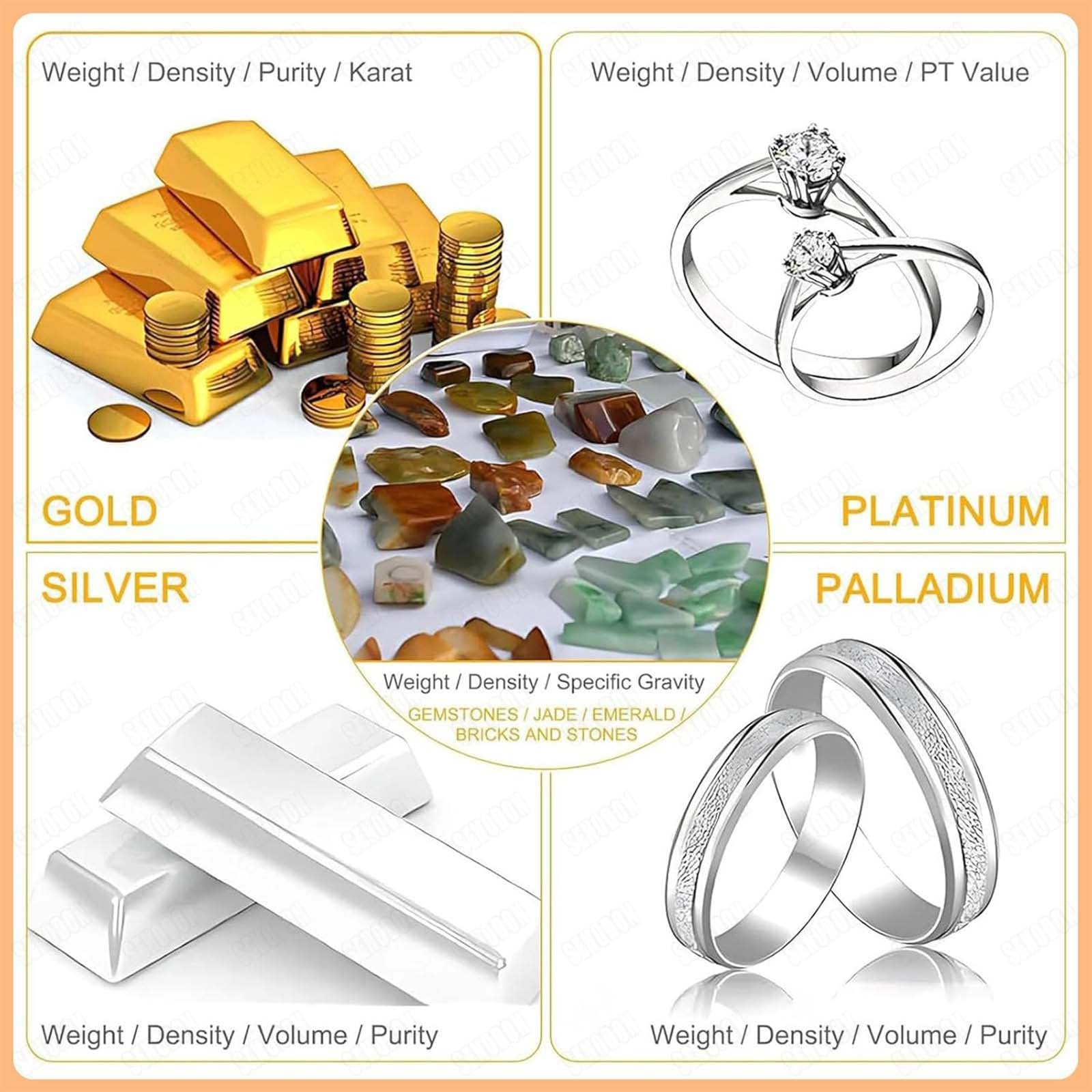 Probador de pureza de oro, analizador de metales de precisión de 0,001 g, no destructivo para oro/platino/paladio, recargable, pesaje de 2 pasos con alarma