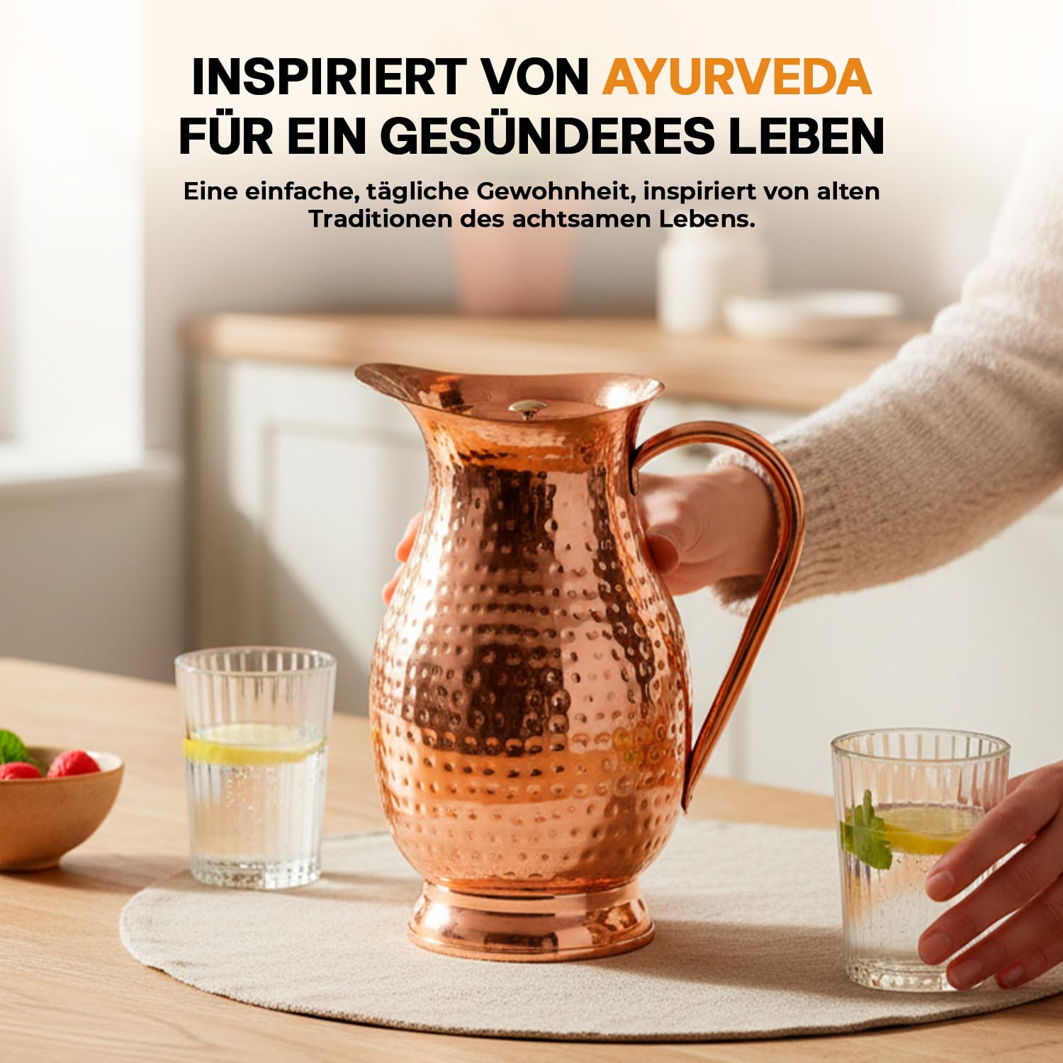 Royal Pichet en cuivre pur 1800 ml | 99,99 % cuivre de qualité alimentaire testé en laboratoire | Sans BPA et anti-fuite | Inspiré de l'Ayurveda pour l'immunité, la digestion, la maison et le bureau